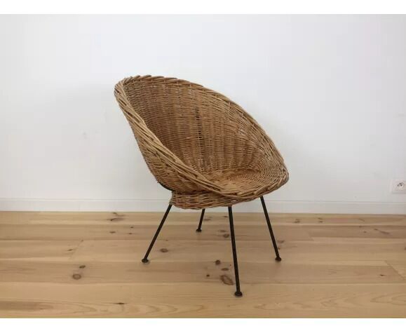 Rattan and wicker basket armchair, 50s-60s