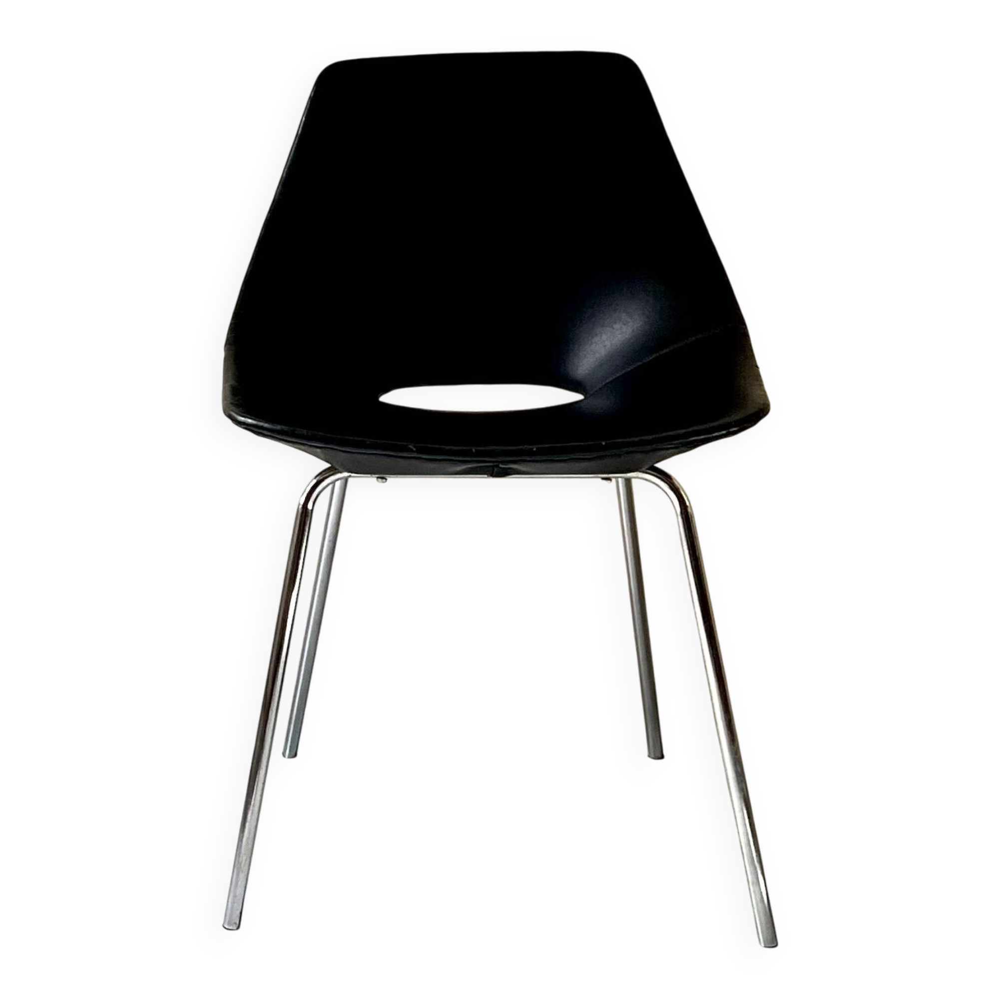 Barrel chair in black leather & chrome by Guariche for Steiner France 1970