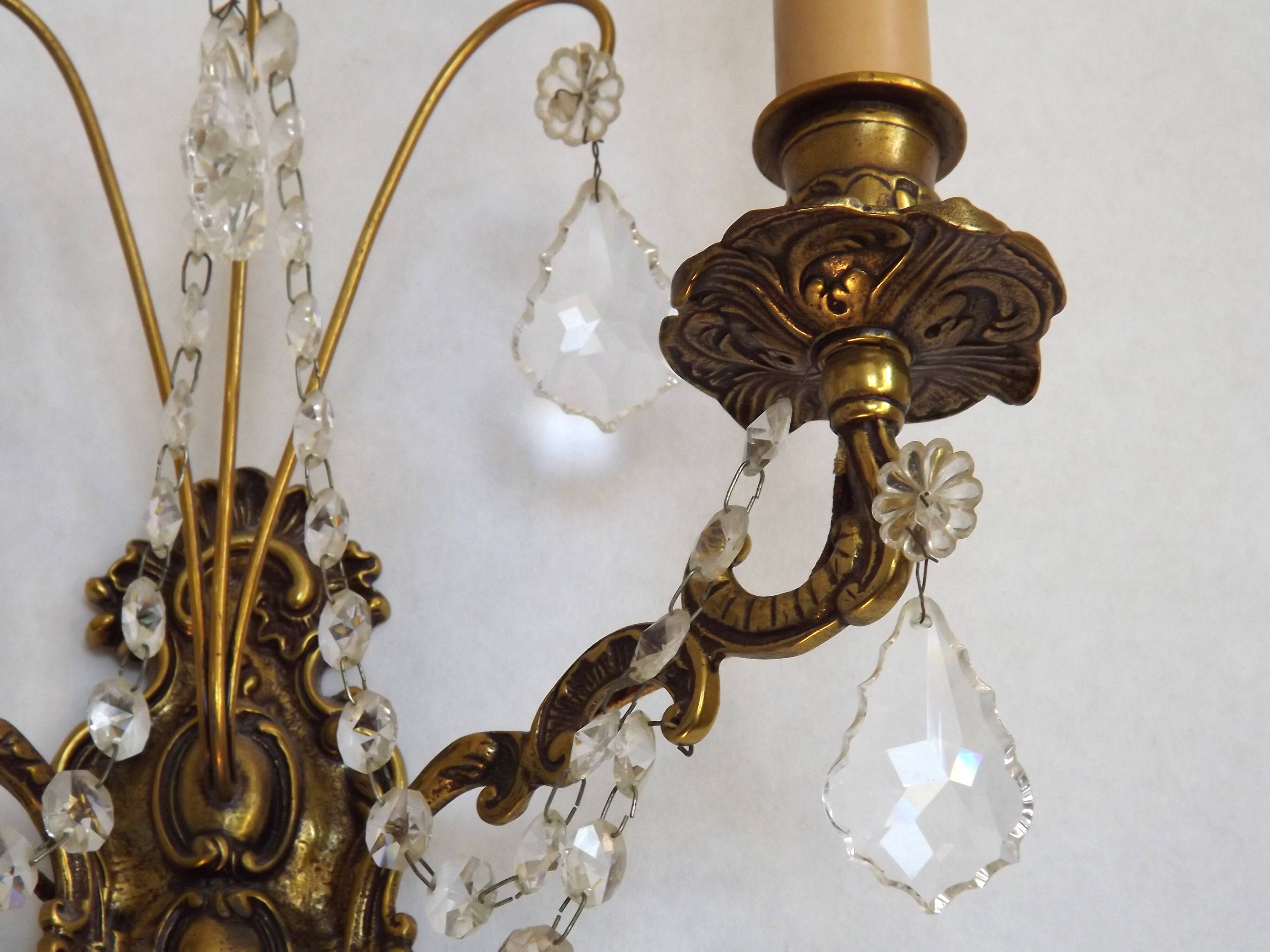 Pair of French Baroque Double Bronze Crystal Wall Lights Glass Bead Swags