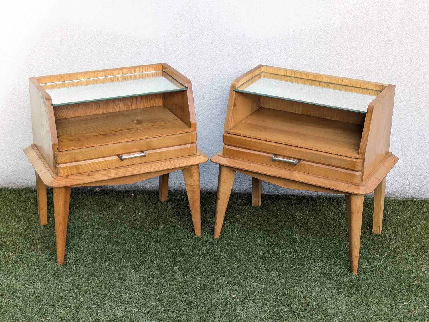 Paire de chevets vintage 1960 en chêne blond