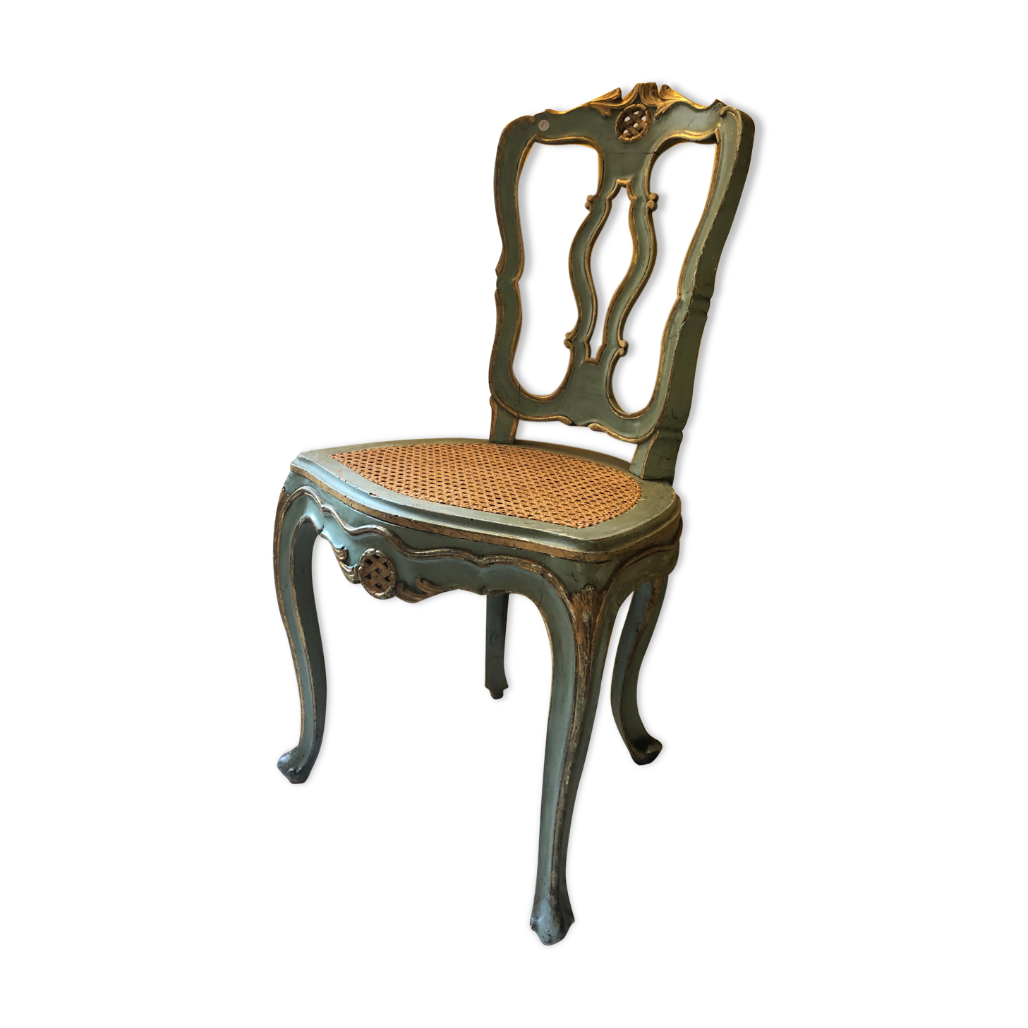 Venetian chair in patinated wood and redone caning