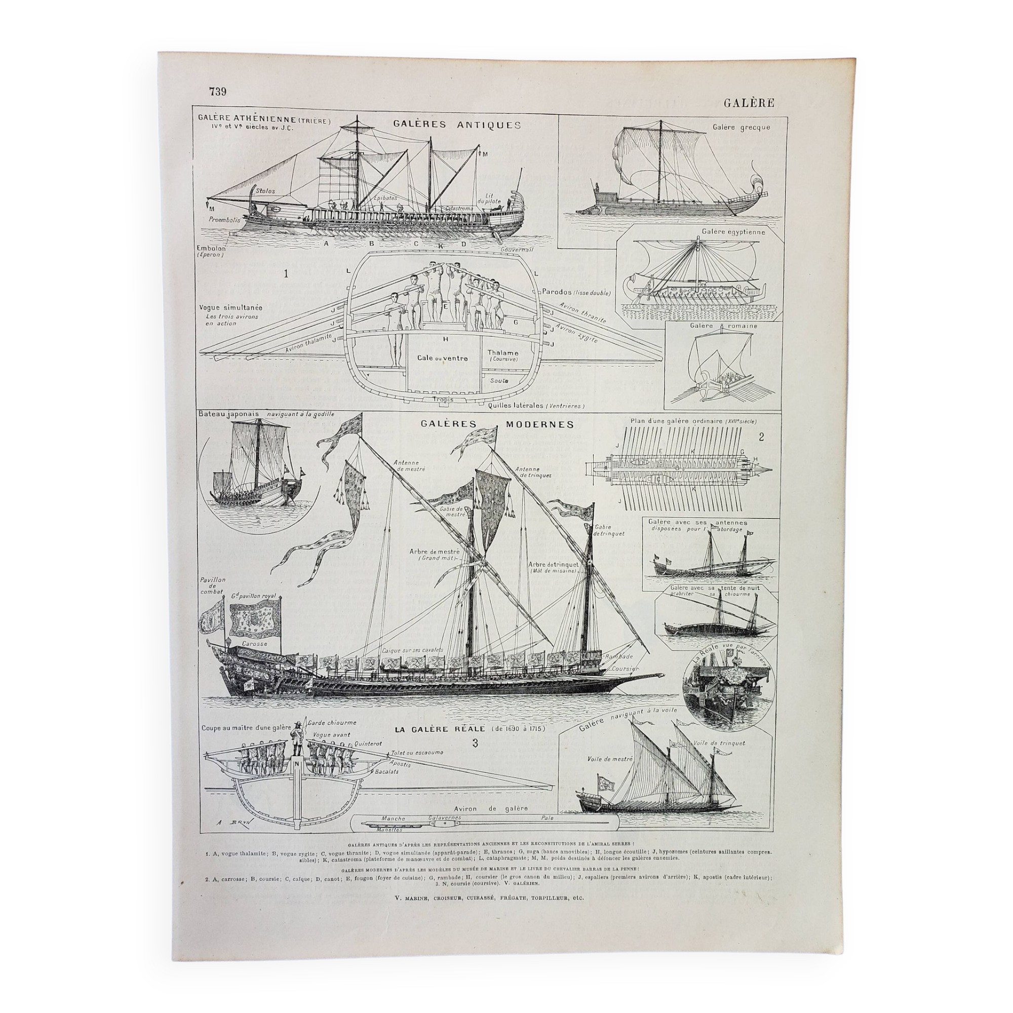 Old engraving 1898, Galley, boat, ship, sail • Original and vintage lithograph