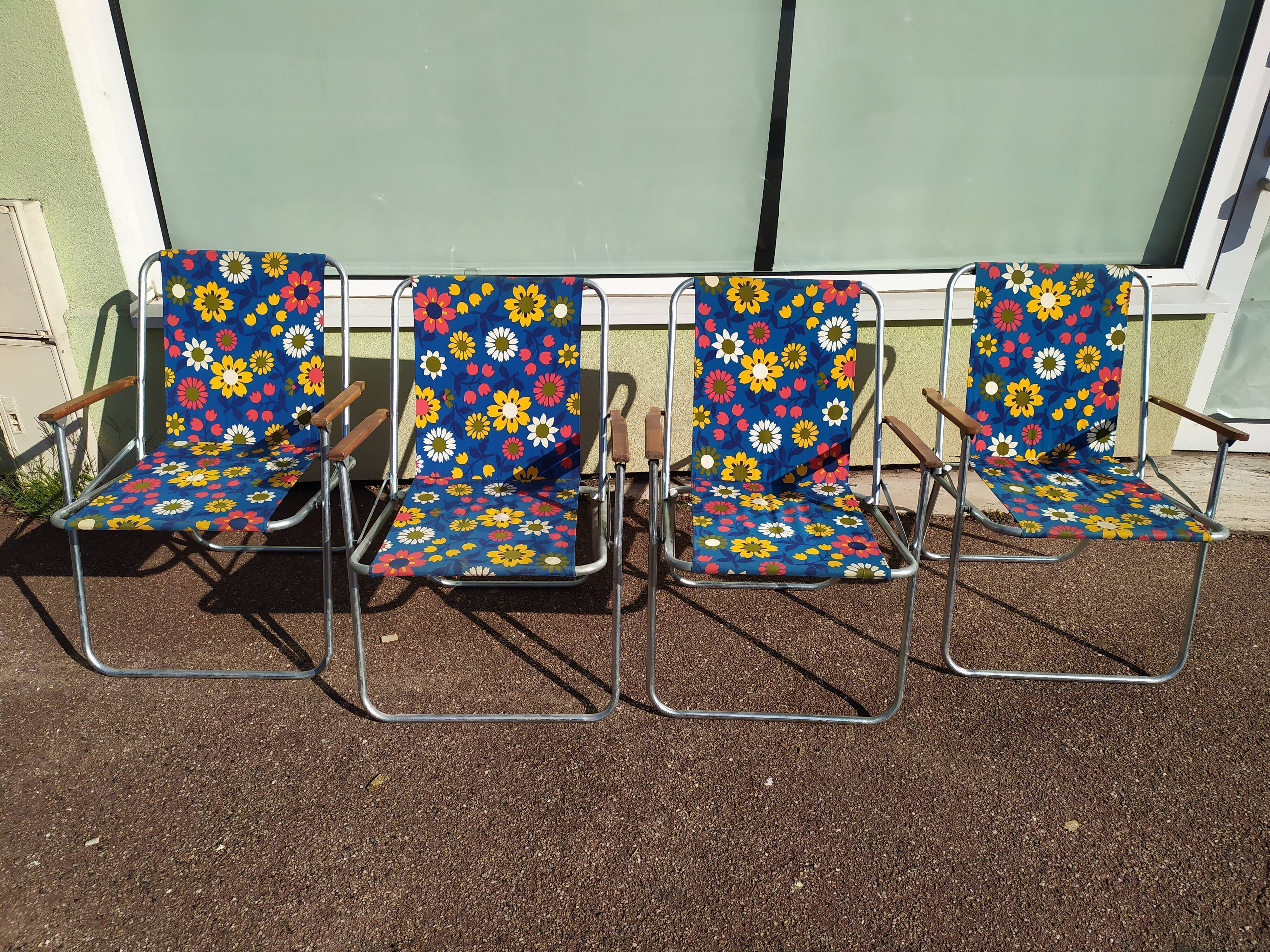 Lot de 4 chaise de camping pliante vintage bleu fleur