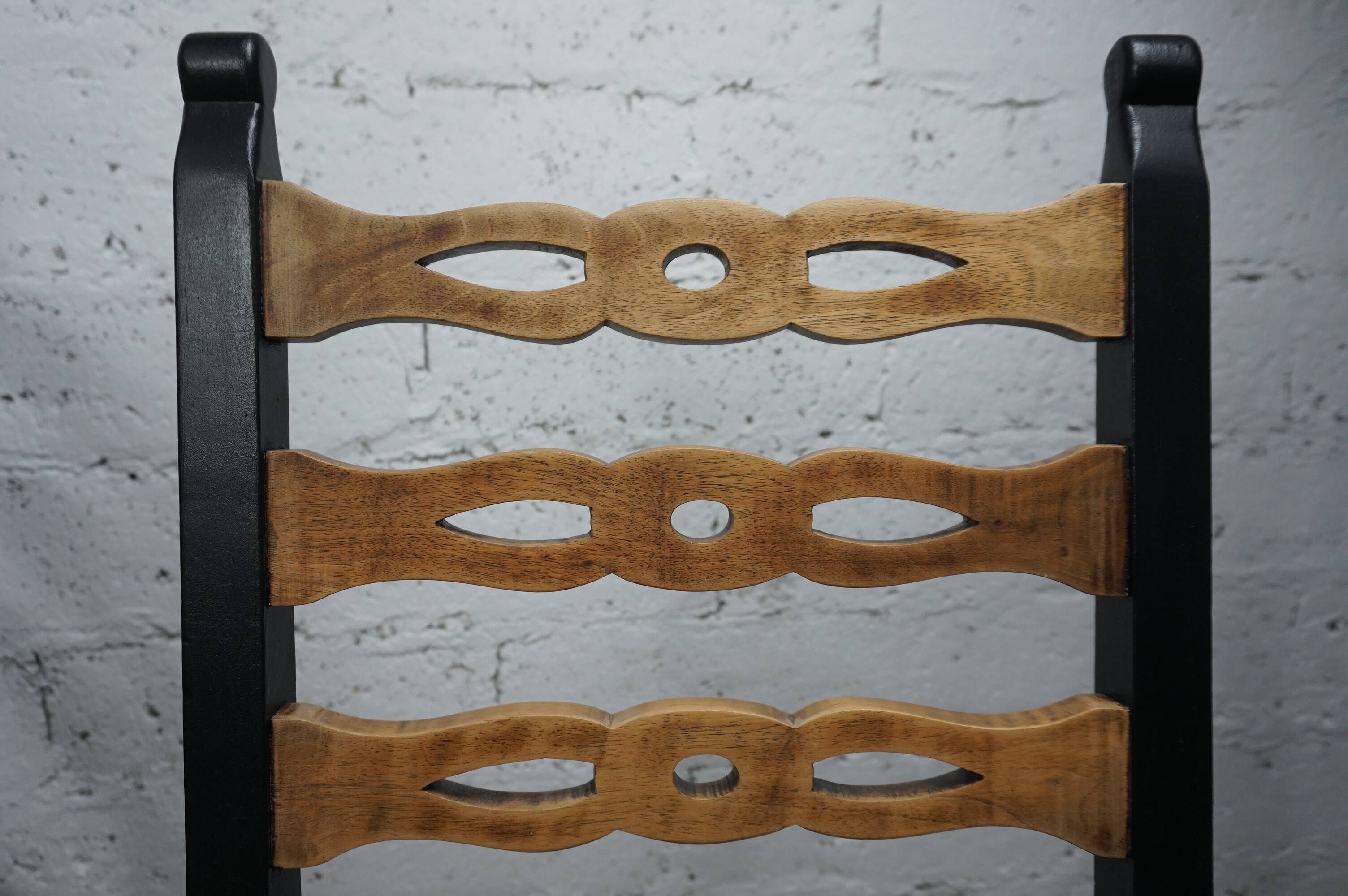 Pair of brutalist wooden chairs revamped in black, duck green fabric seat