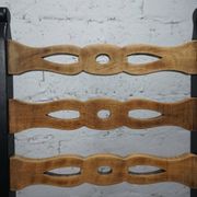 Pair of brutalist wooden chairs revamped in black, duck green fabric seat