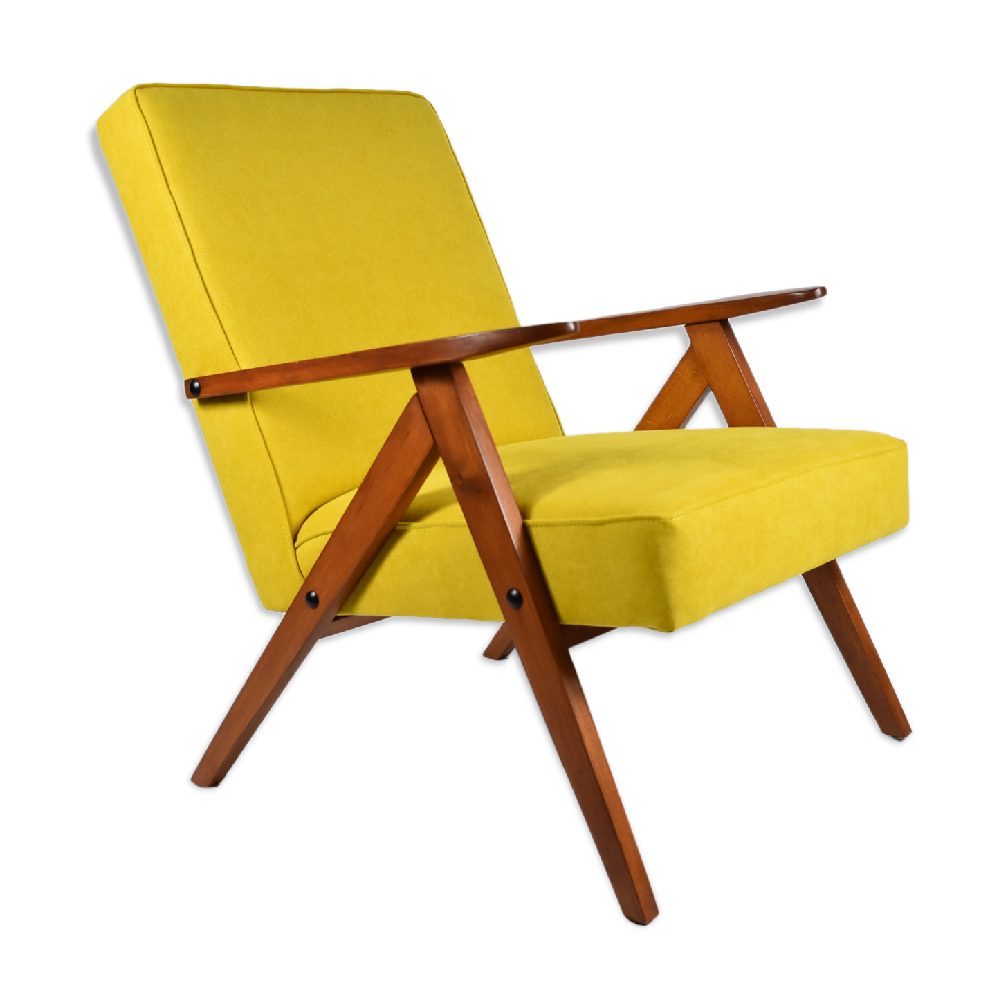 Original vintage - canary yellow - armchair "Compas", renovated, 1960s