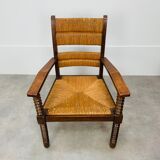 Straw and wood armchair brutalist art deco