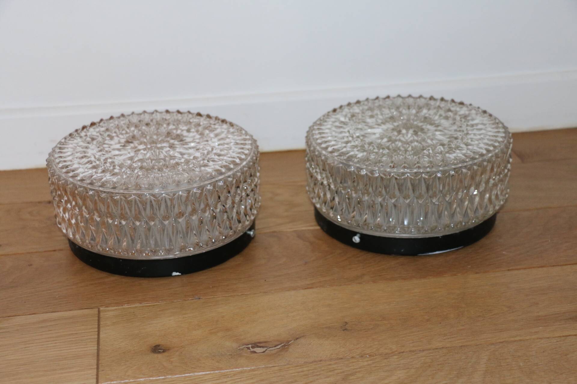 Pair of metal and glass wall/ceiling lights