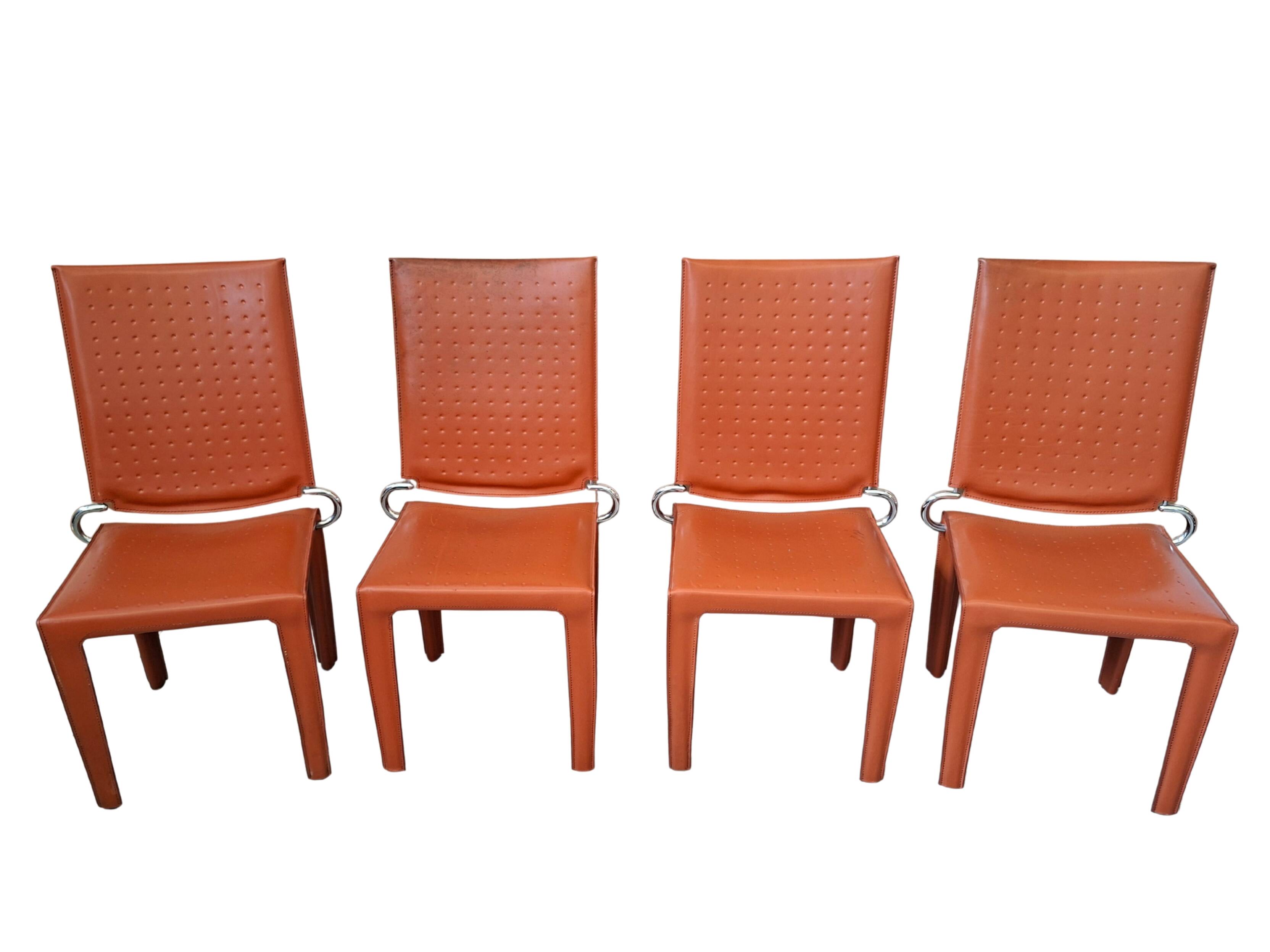 Set di 4 Sedie Design in Cuoio Arancione e Ferro Vintage