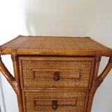 Semainier 6 tiroirs en bois, bambou et rotin tressé, années 60