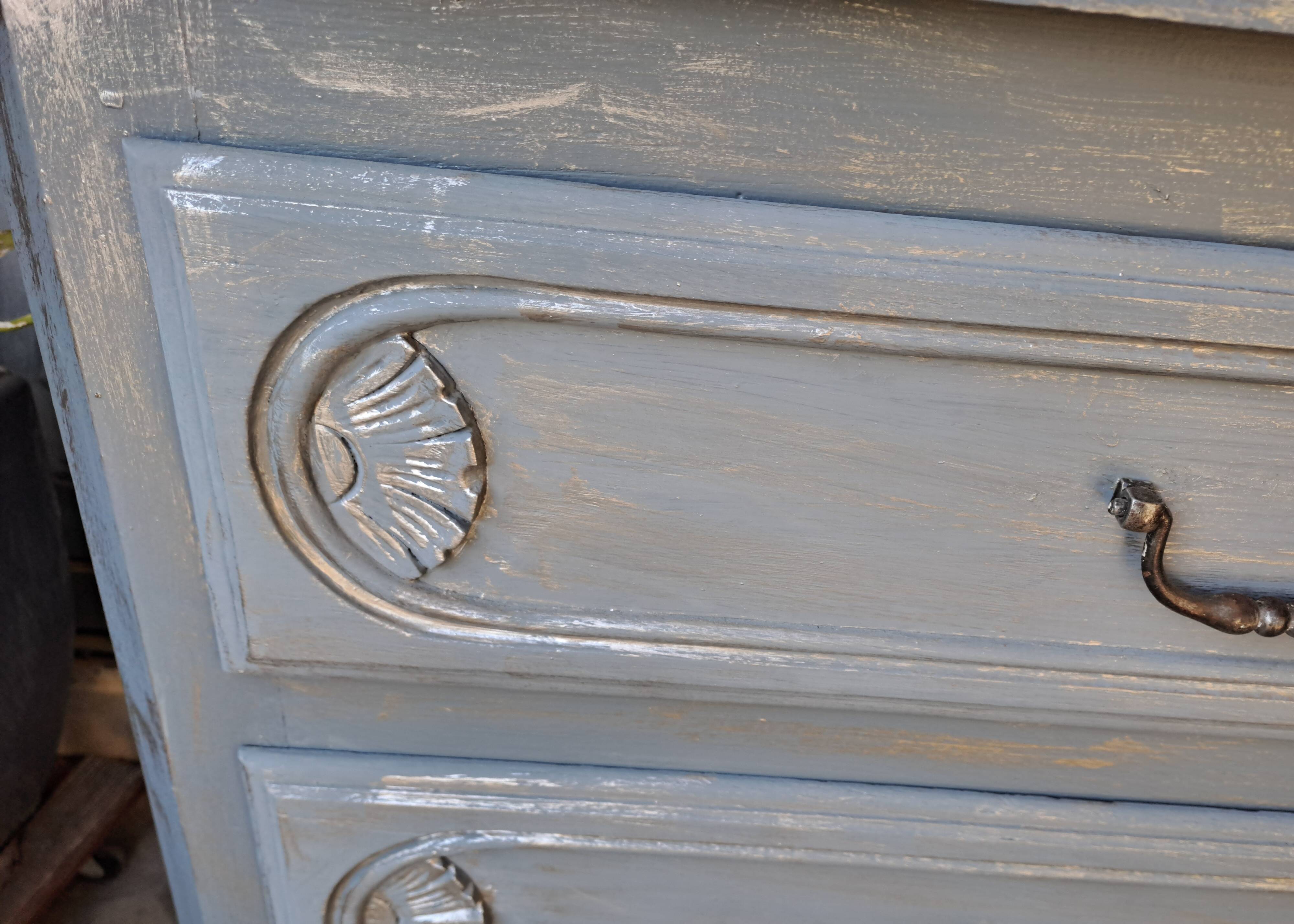 Solid wood chest of drawers painted gray and patinated silver 1940 with 3 drawers