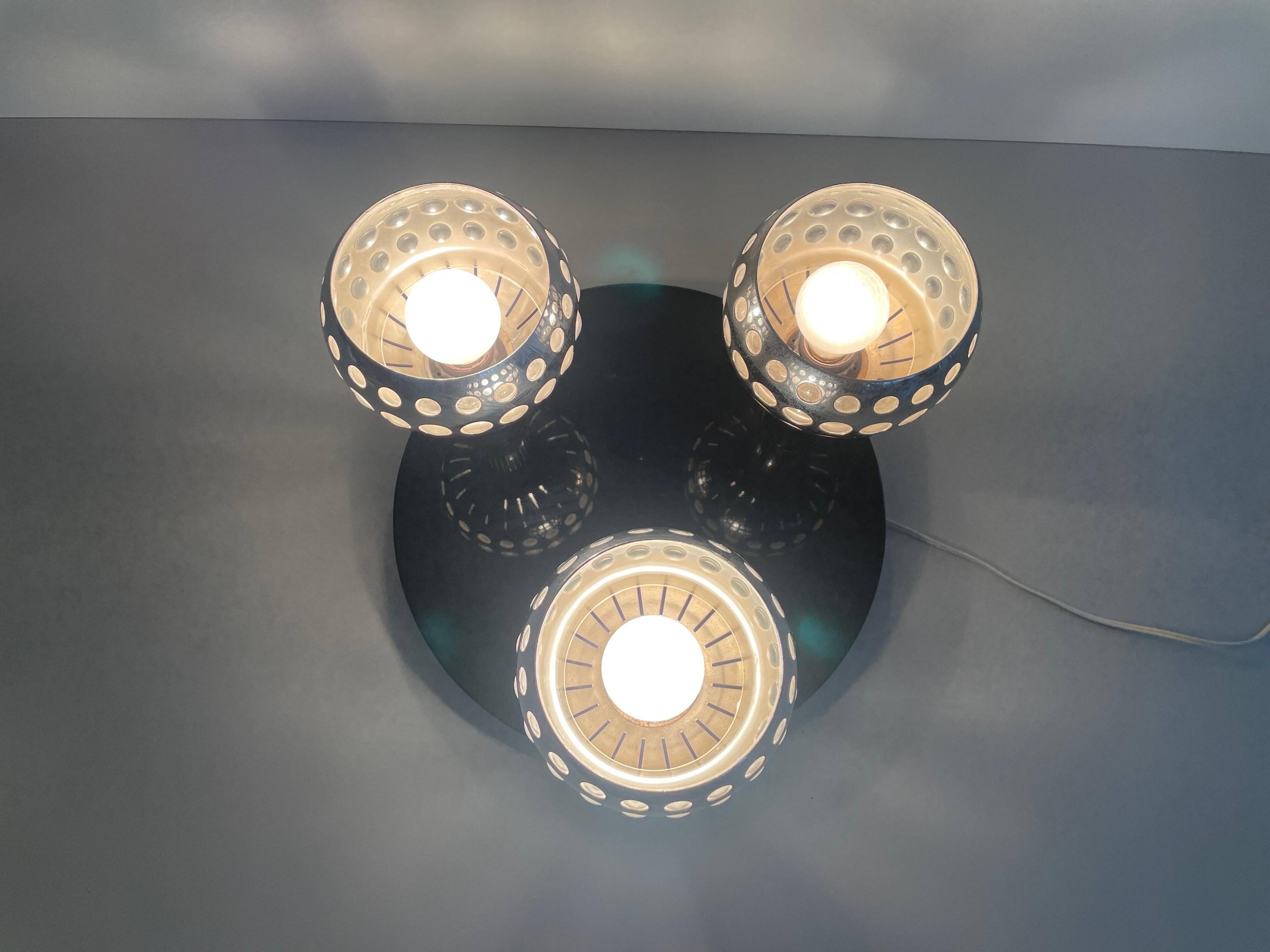 Mid-century ceiling light with 3 shades and wooden base, 1960s, Italy.