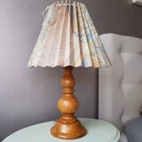 Vintage wooden lamp with pleated fabric lampshade 1980