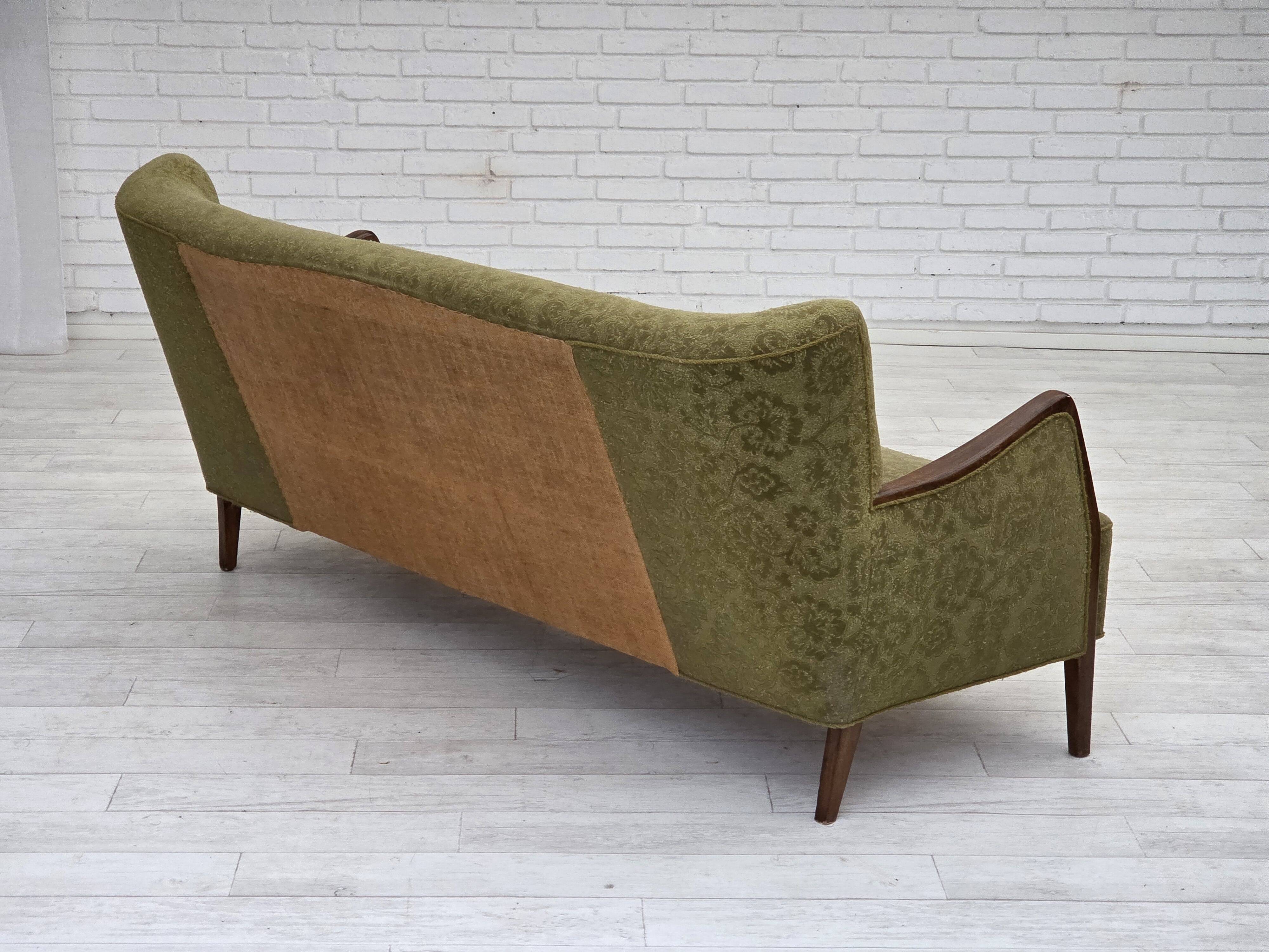 1960s, Danish 3-seater sofa, green furniture velour, ash wood legs.
