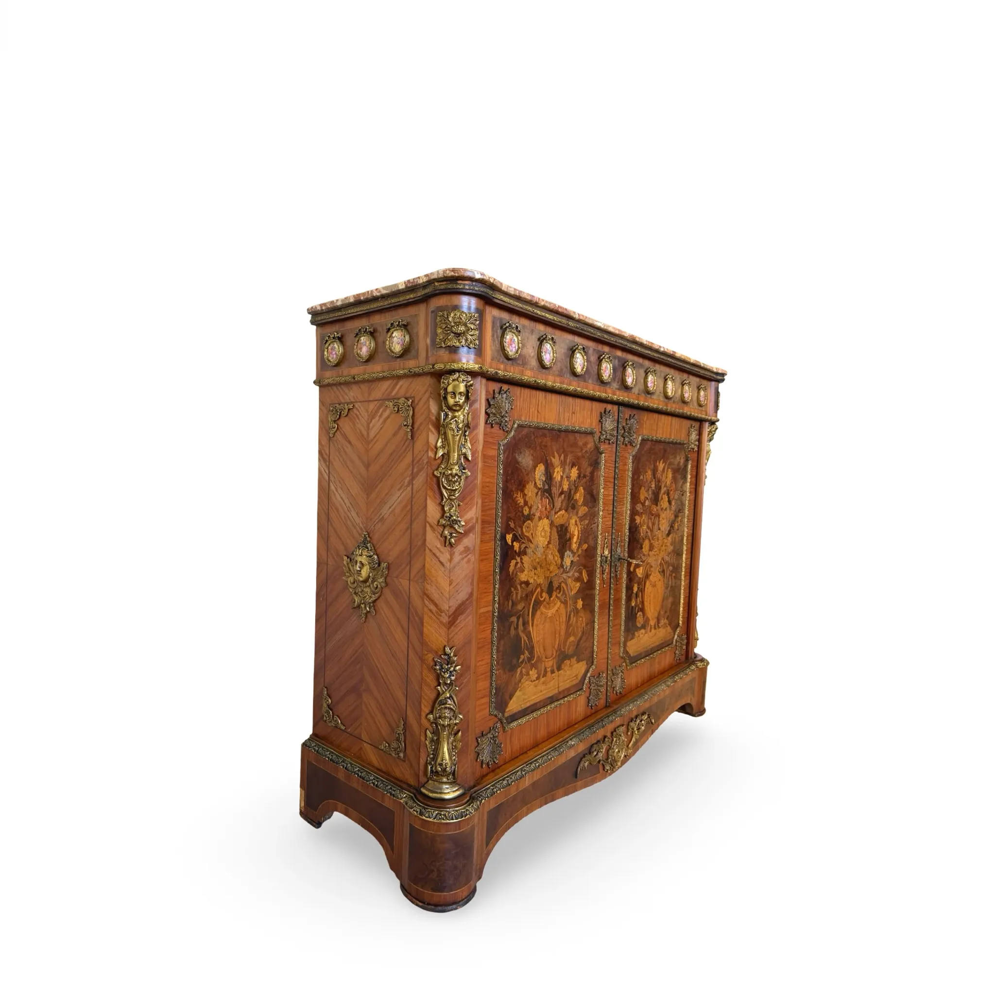 An antique French Louis XVI-style marble-top side cabinet