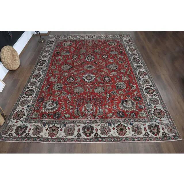 1970s Vintage Persian Handmade Wool Red Oversized Area Rug 298x383