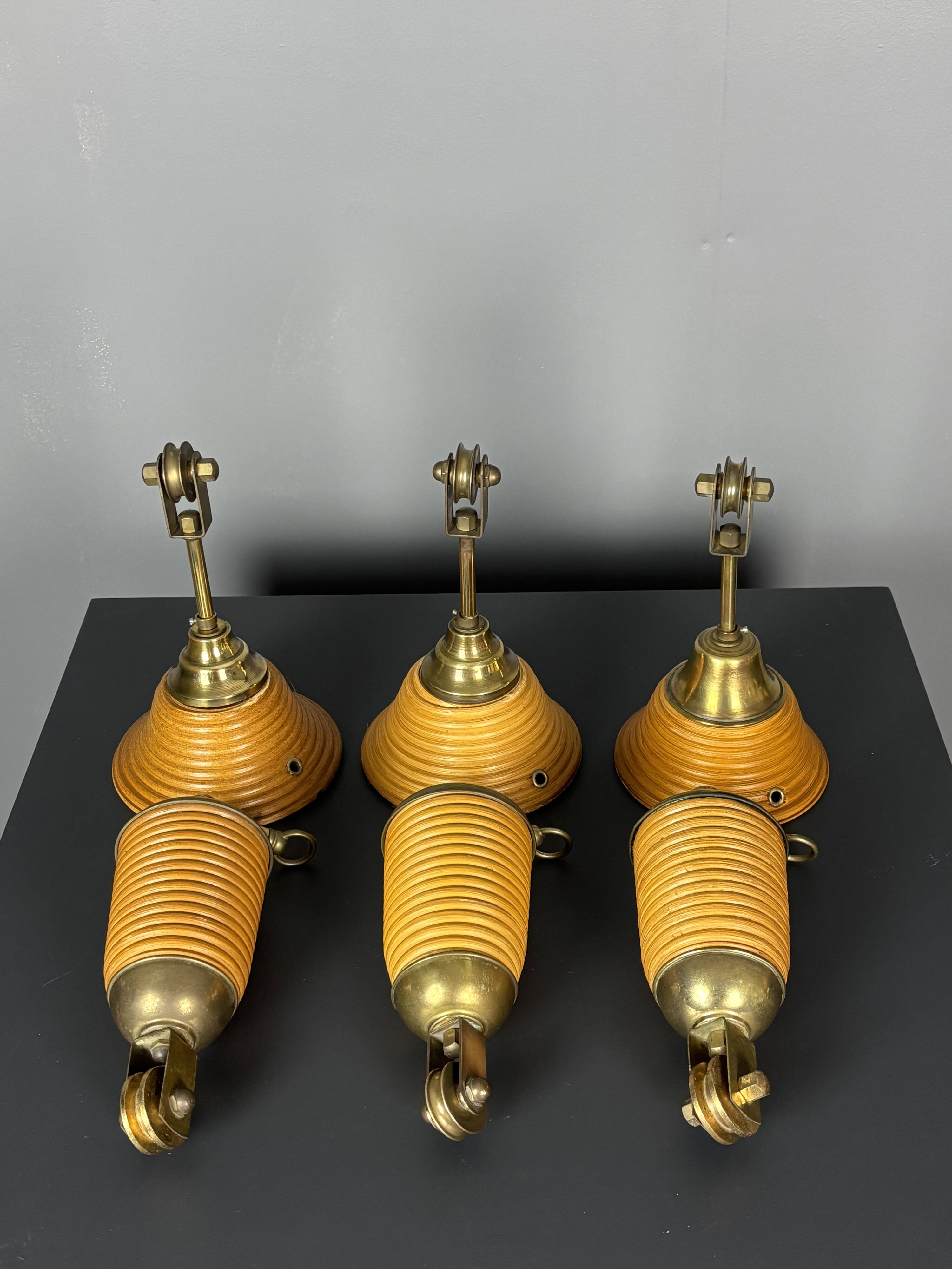 Set of 3 midcentury rattan bamboo pencil reed hanging pendants, Italy 1970s