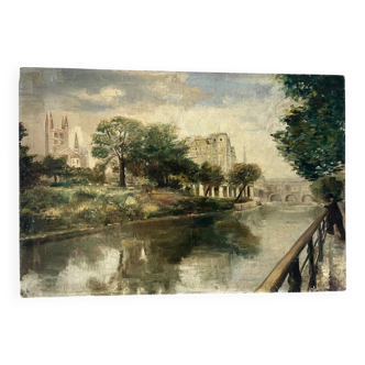 Stroll along a riverbank, oil on canvas