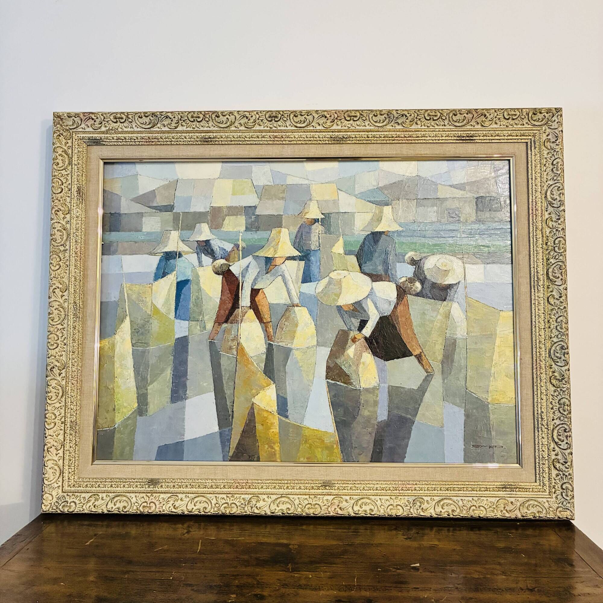 Cubist Oil on Canvas Tableau Rural Scene Asia Saard Thanomwong Signed