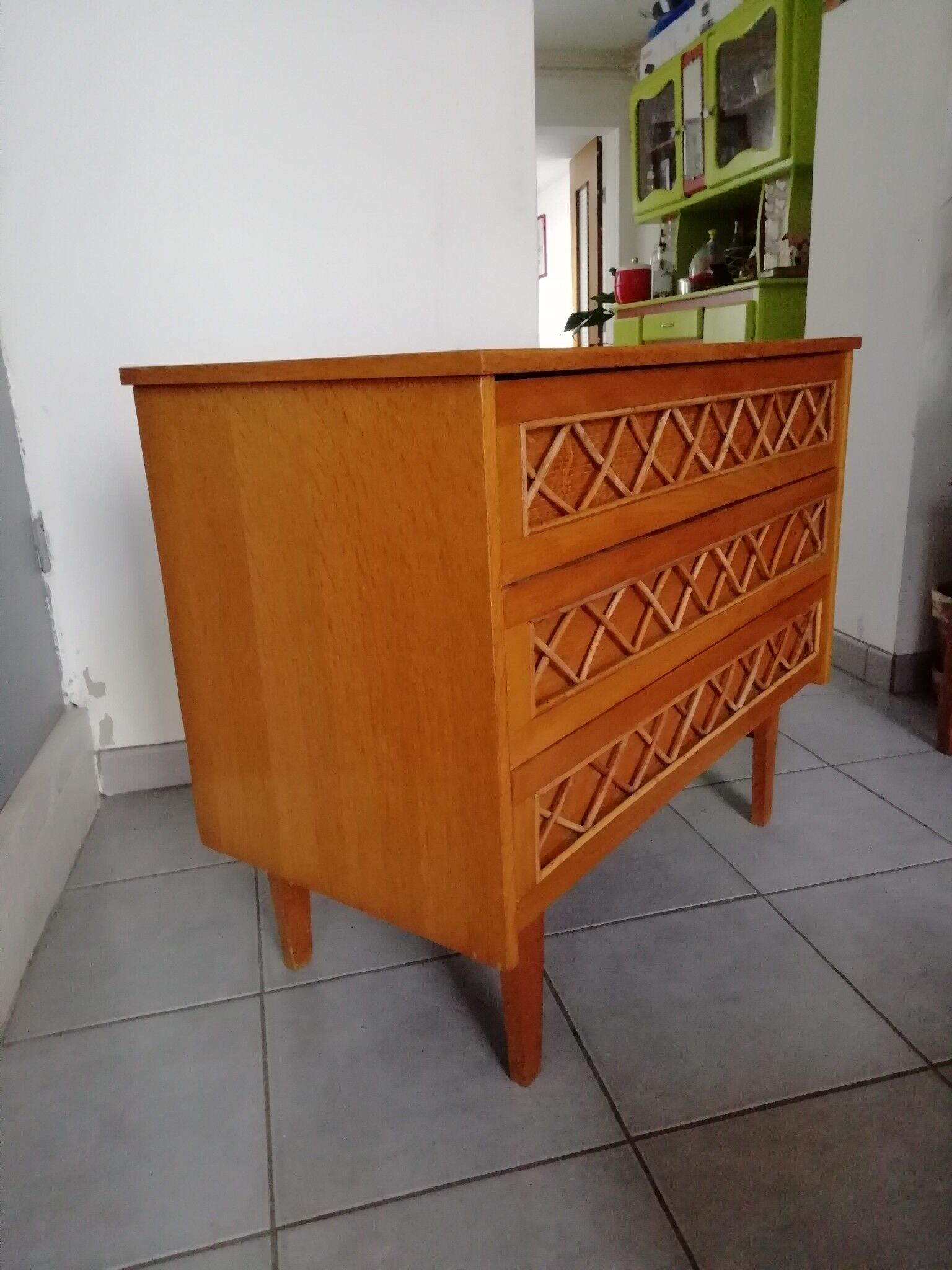 Wood and rattan dresser, 60s