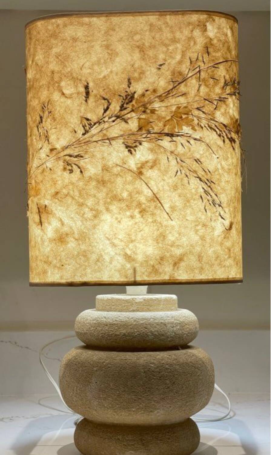 Vintage lamp with a stone base, herbarium lampshade.