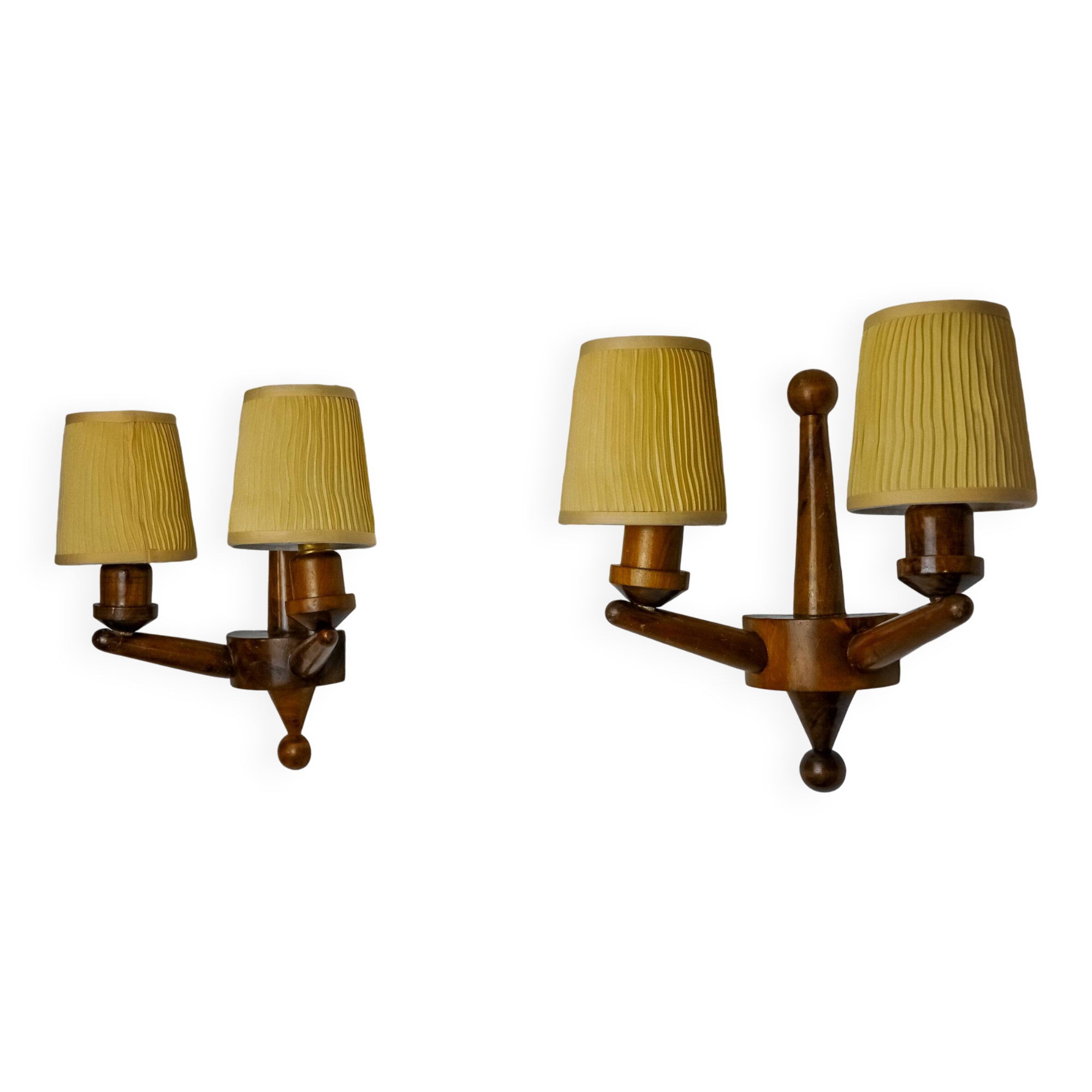 Pair of two-armed art deco wall lights, carved wood, France, 1960