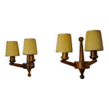 Pair of two-armed art deco wall lights, carved wood, France, 1960