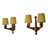 Paire d'appliques art déco deux bras, bois taillé, France, 1960