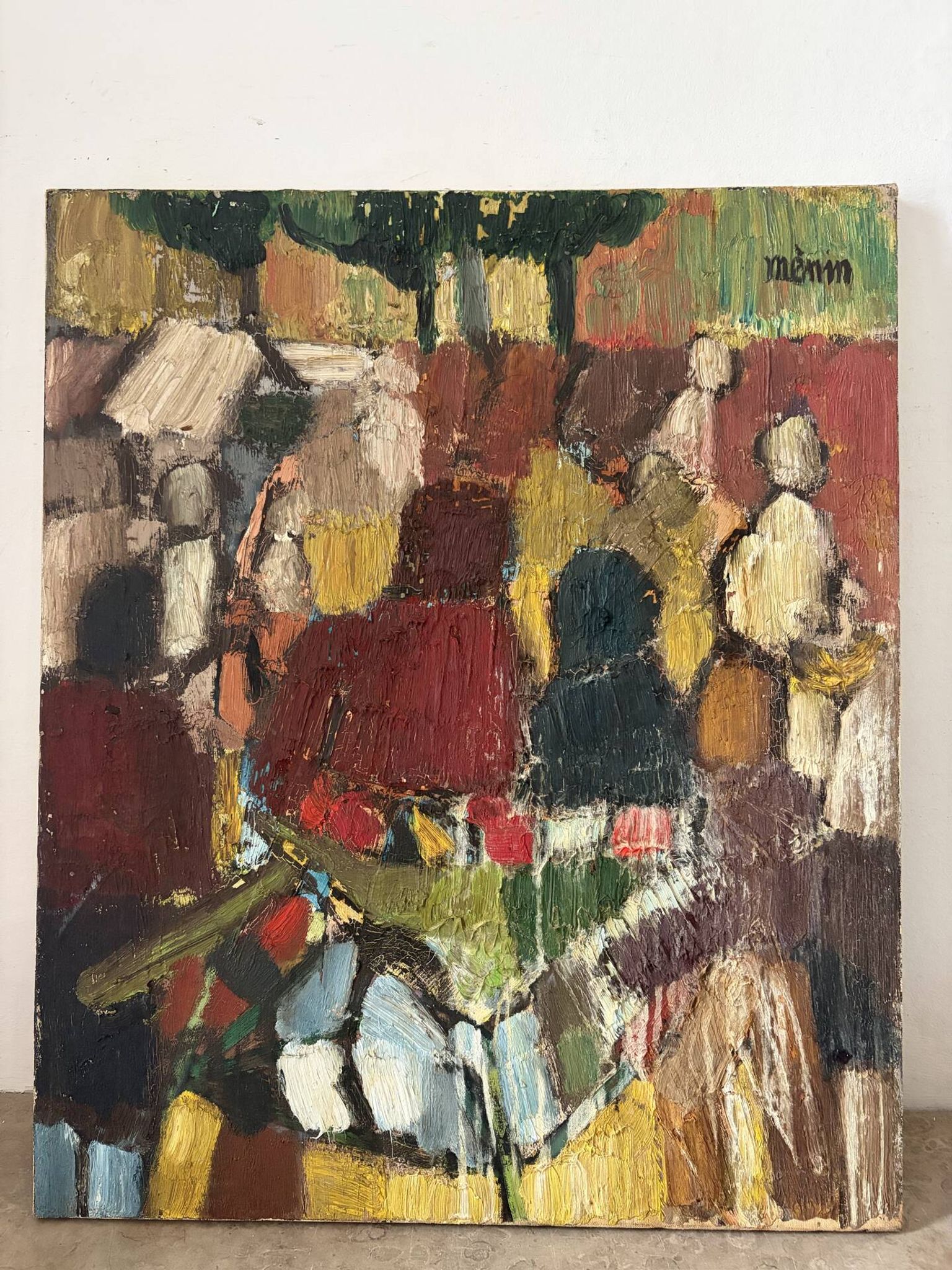 Abstract characters, knife oil, signed Menin.