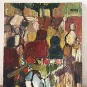 Abstract characters, knife oil, signed Menin.