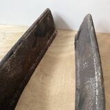 Pair of modernist anthropomorphic fireplace andirons, brutalist log holders 1950s