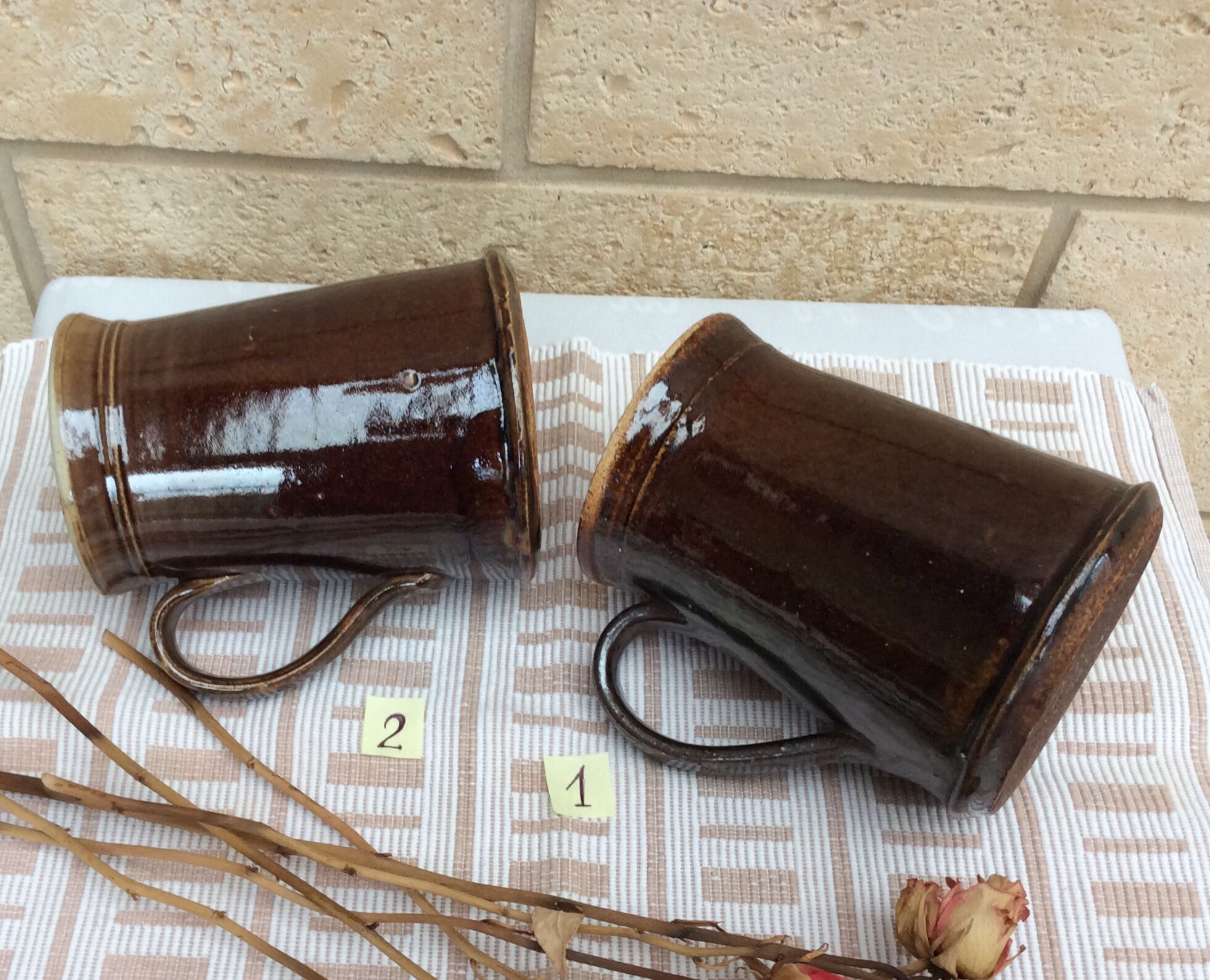 Set of 2 pitchers with enamelled sandstone spout, 50s