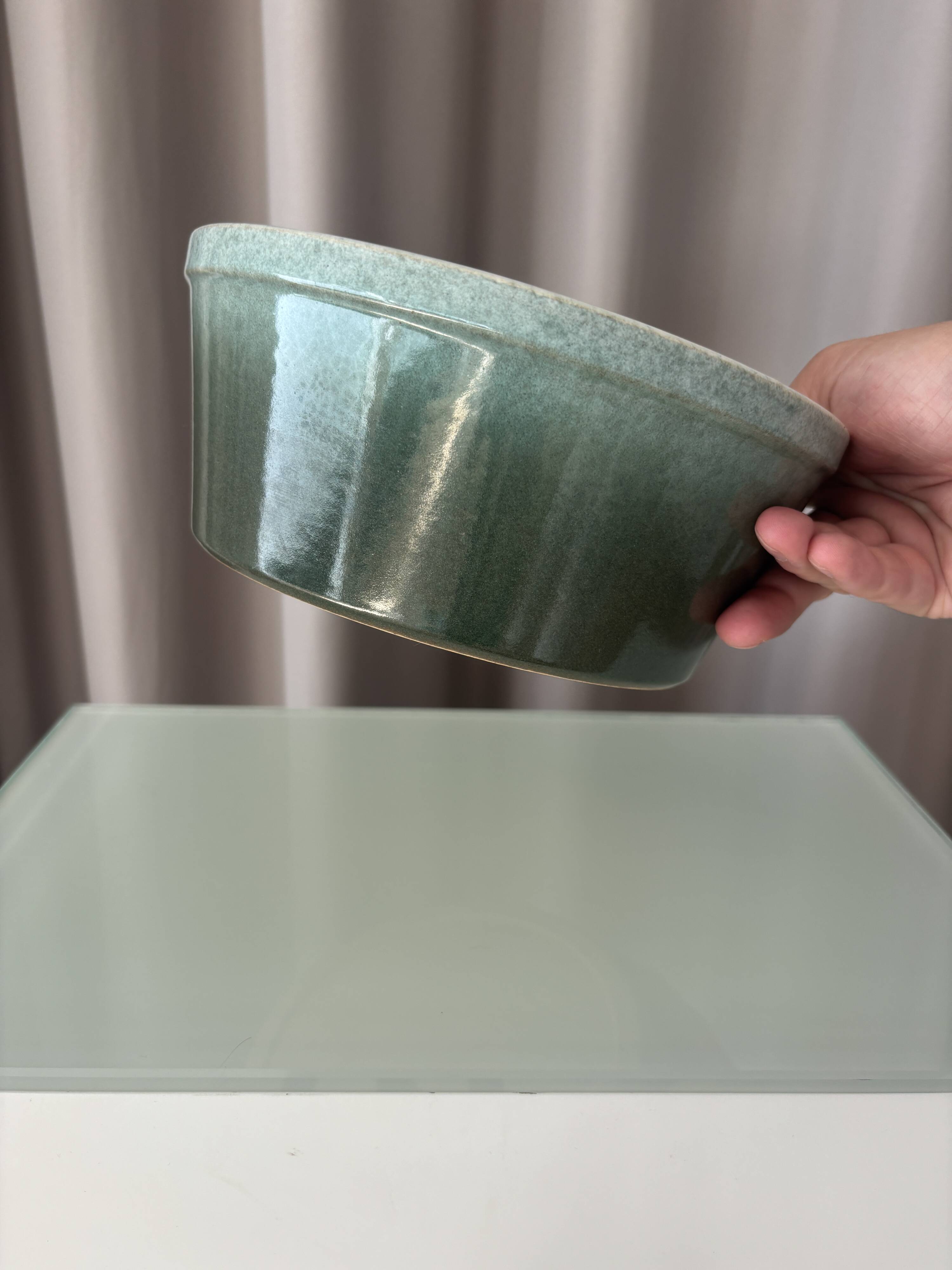 Vintage Scandinavian Stoneware Serving Bowl – Moss Green & Ivory – Mid Cent