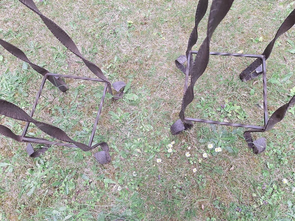 Pair of Brutalist patinated iron and veined marble columns, 1960s