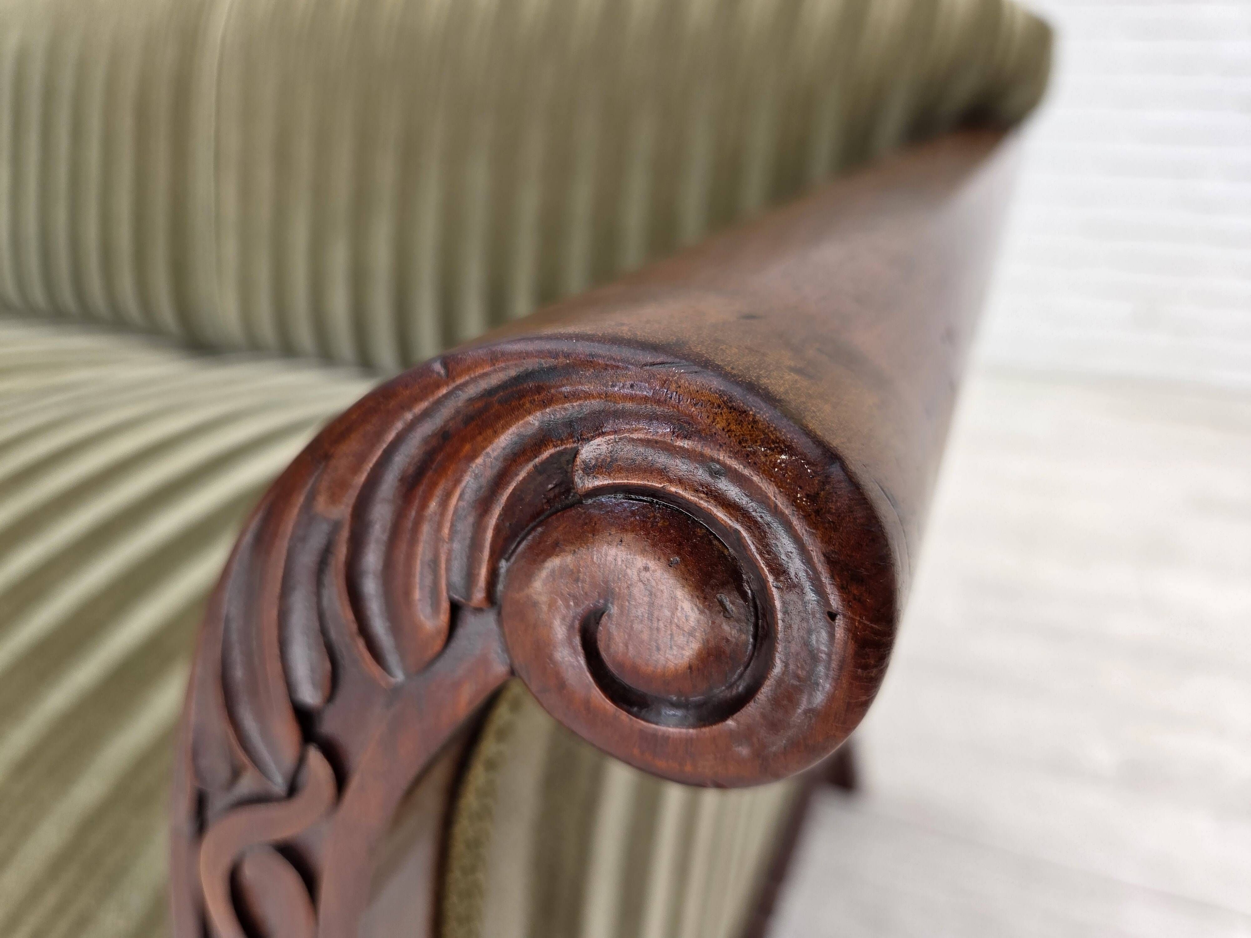 1950s, 3-seater Danish sofa, green furniture velour, teak wood.