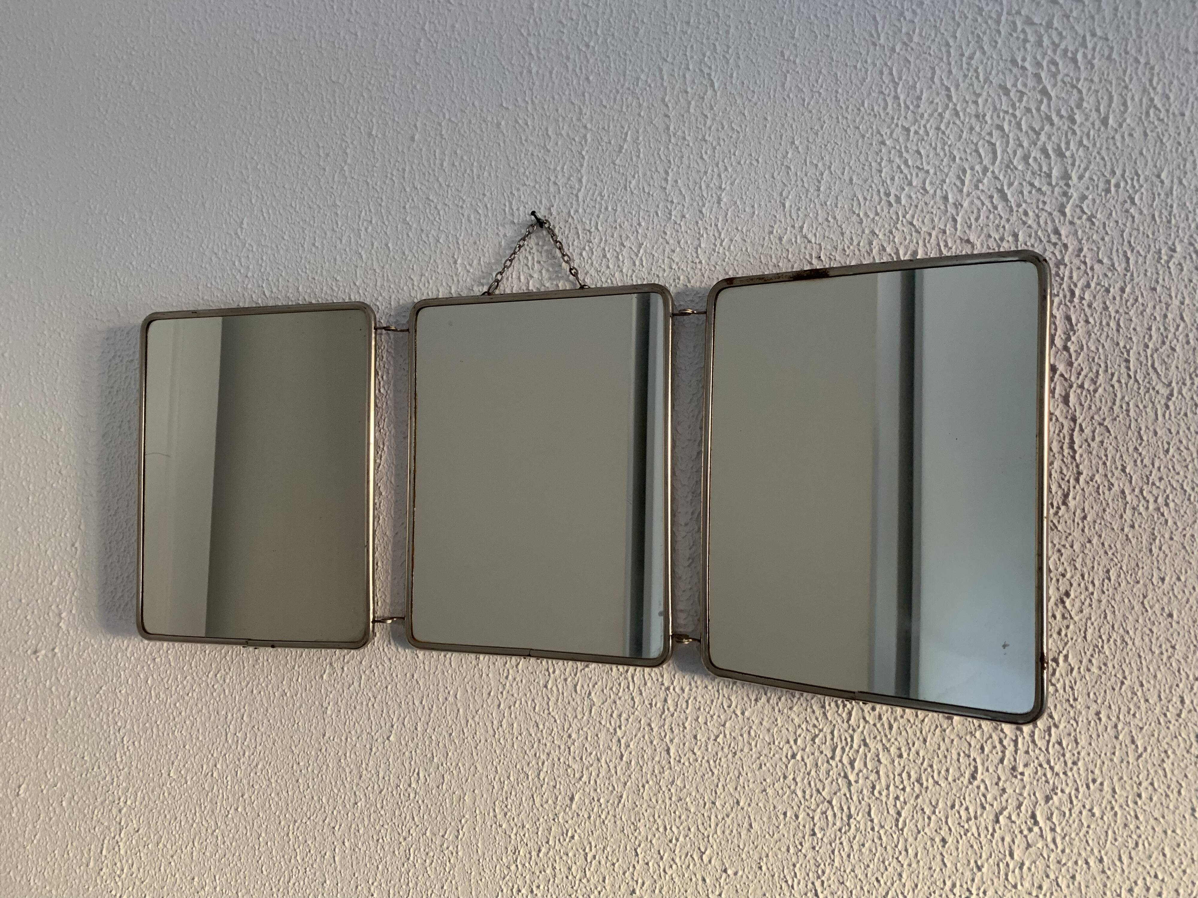 Miroir vintage 1950 triptyque barbier coiffeuse brique - 27 x 67 cm