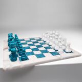 1970s Gorgeous Turquoise and White Chess Set in Volterra Alabaster Handmade Made in Italy