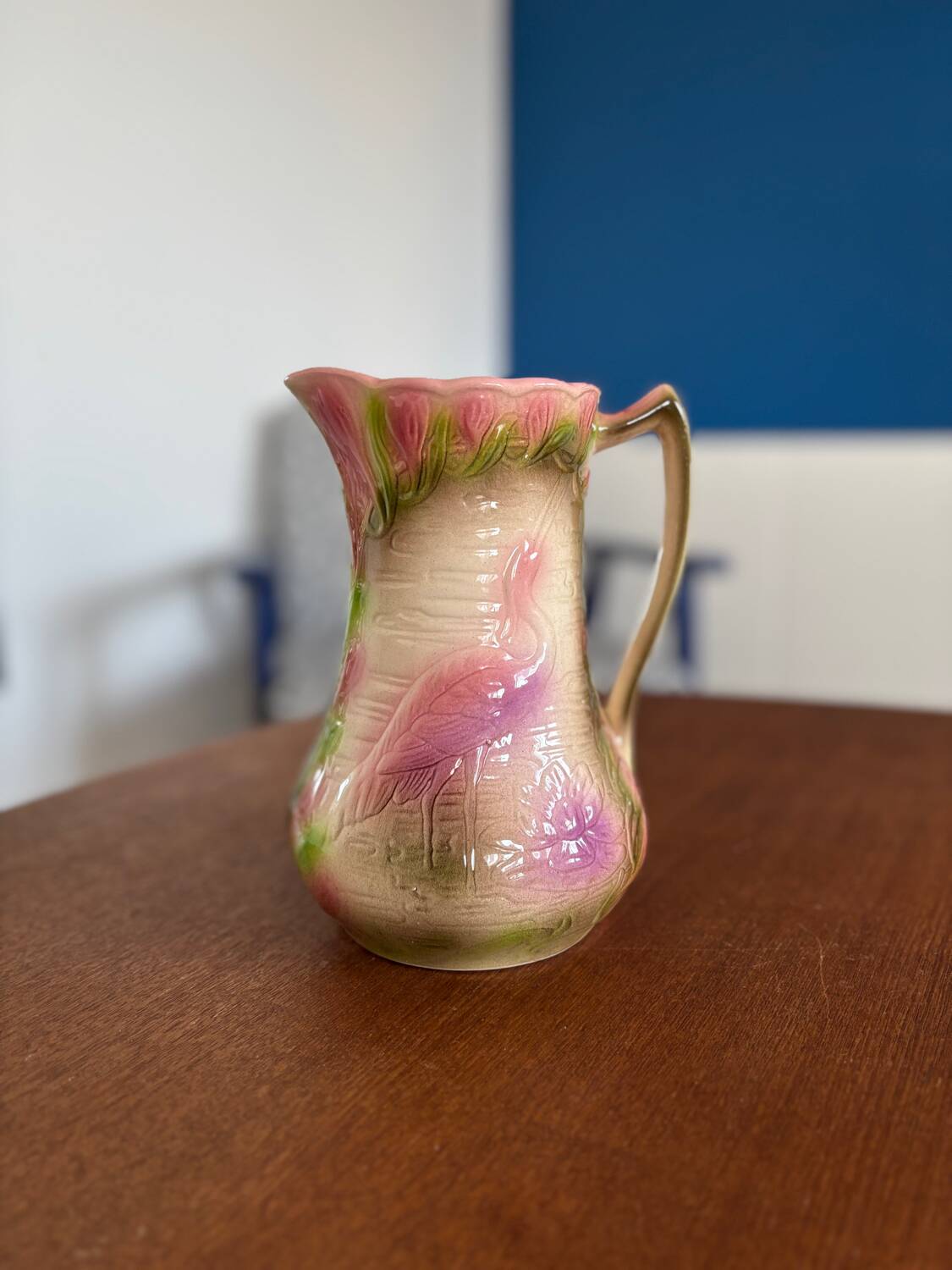 Heron and lily pitcher, St Clément factory, 1920s - vintage water carafe