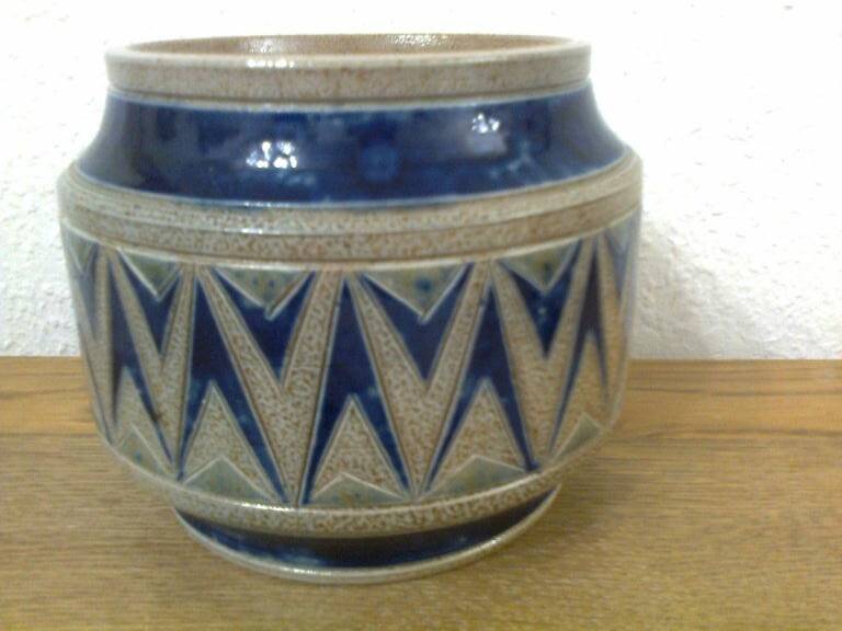 real Betschdorf Alsace vase pot, salt sandstone, blue gray, incised patterns
