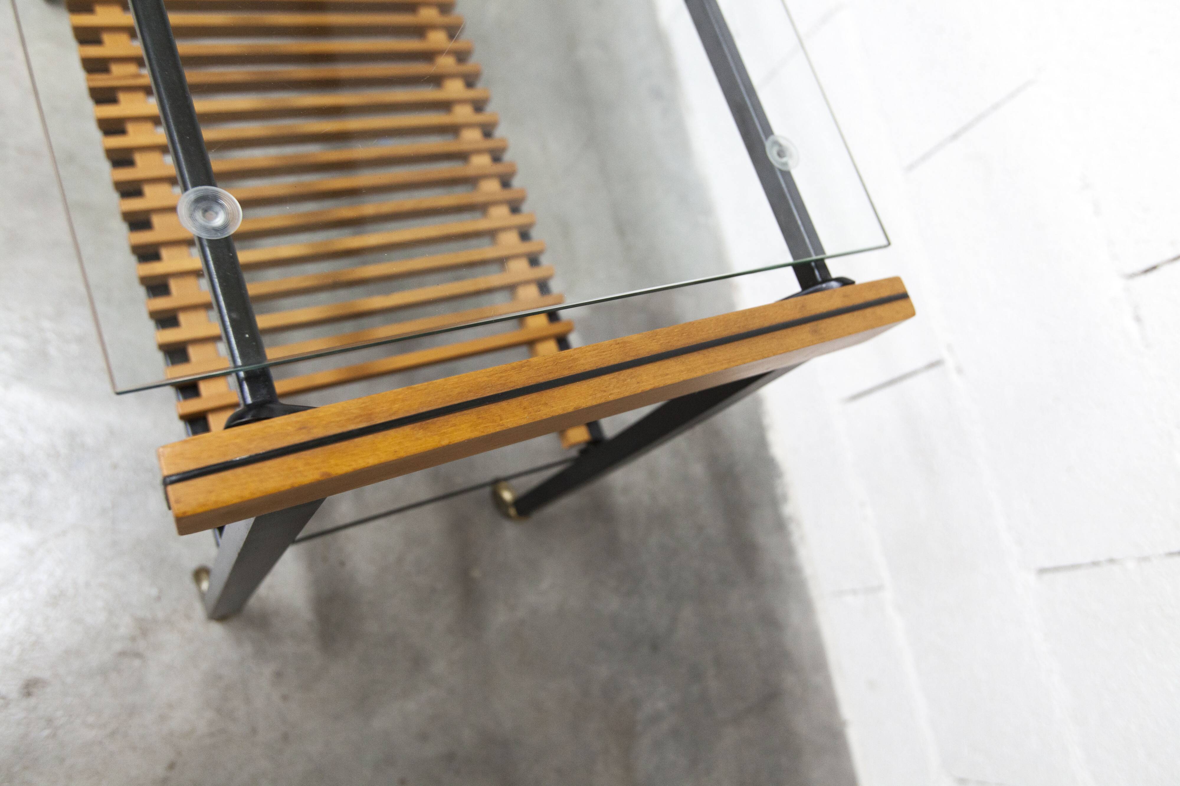 1960s serving cart, hi-fi cabinet on casters, teak, black metal, glass