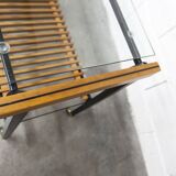 1960s serving cart, hi-fi cabinet on casters, teak, black metal, glass