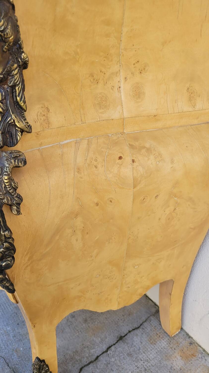 Curved Louis XV style chest of drawers in elm burl and bronze marquetry