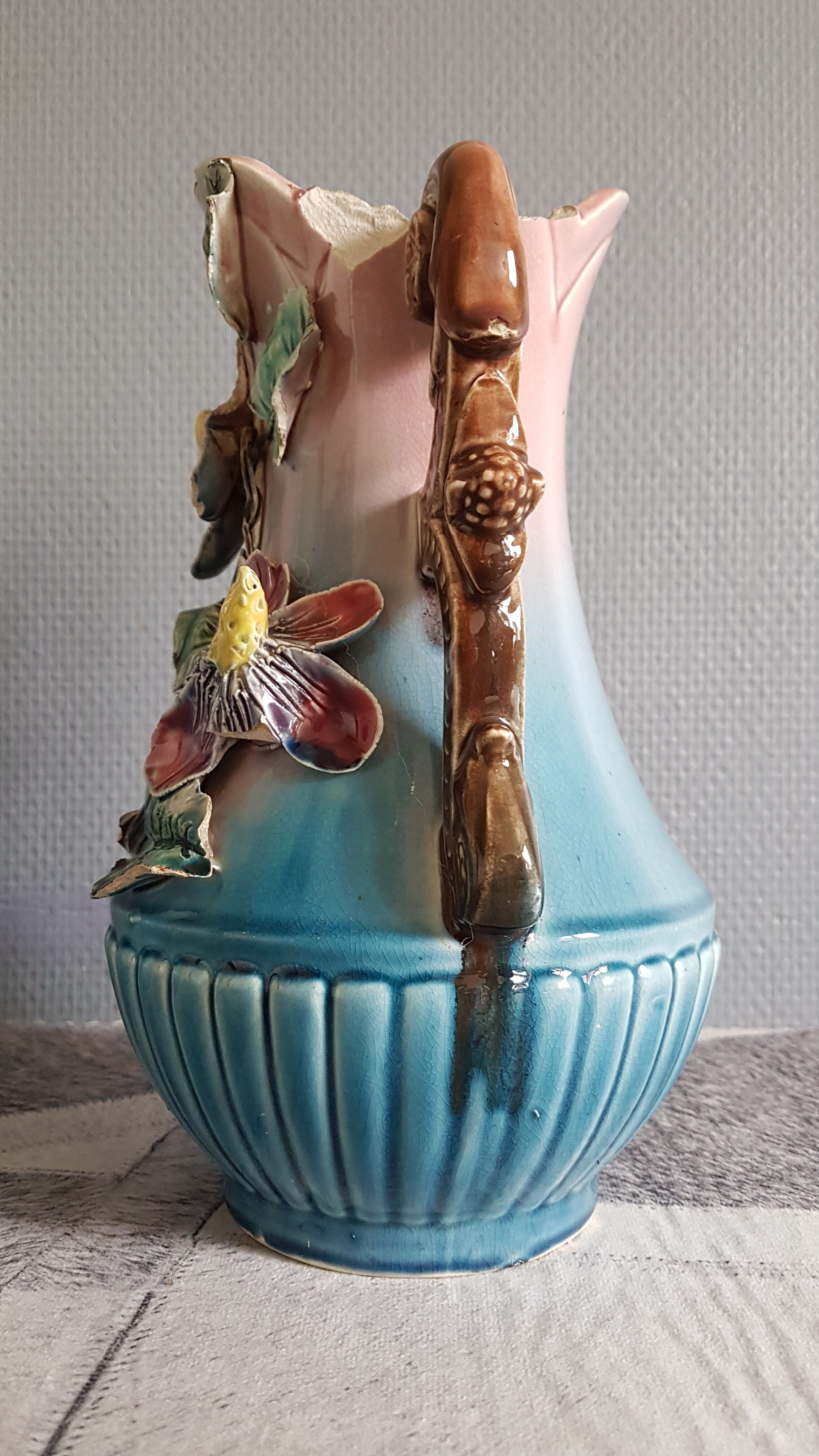 blue and pink art deco polychrome dabbling vases with floral decoration