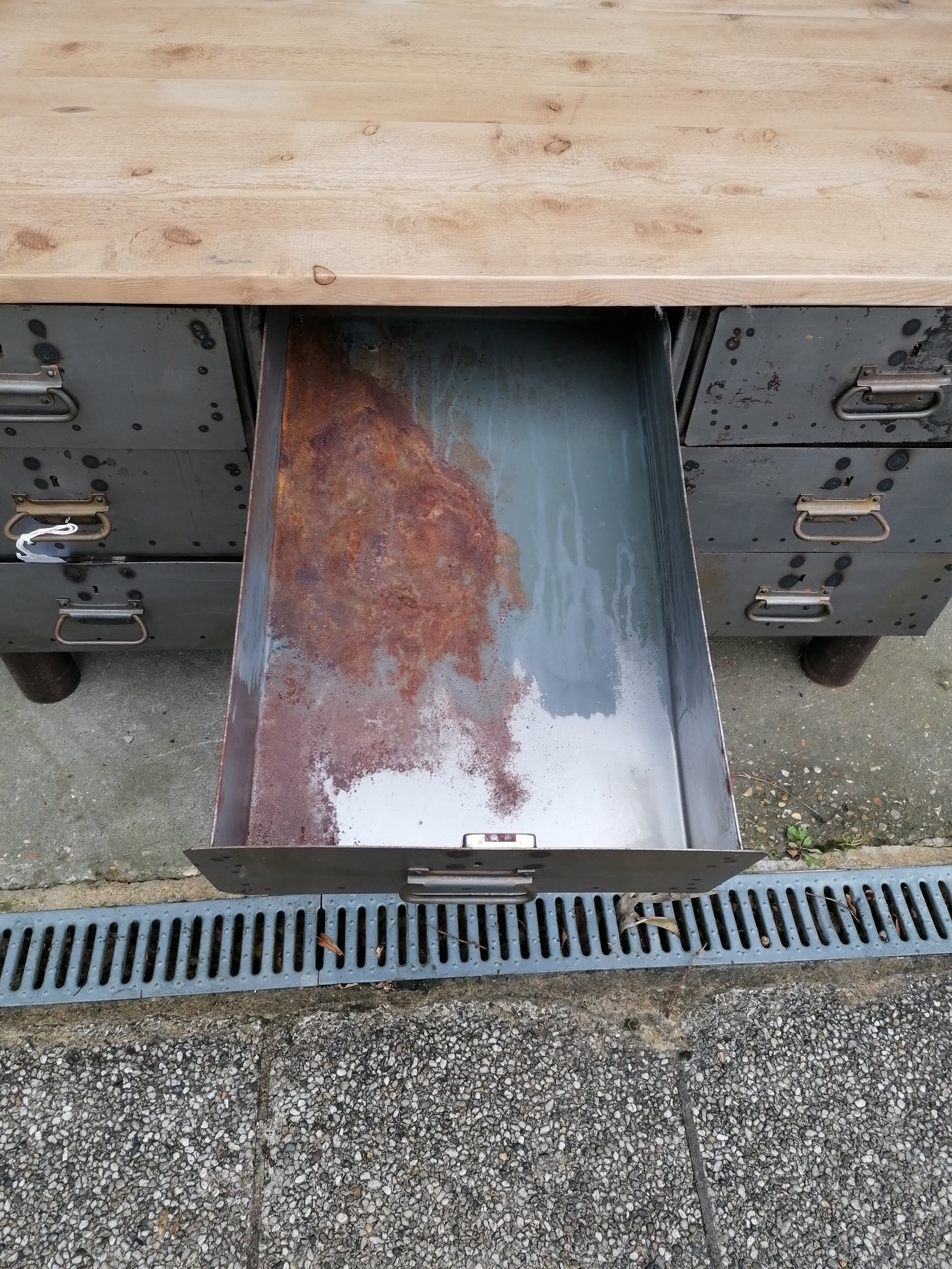 Antique workshop workbench, vintage, metal and wood