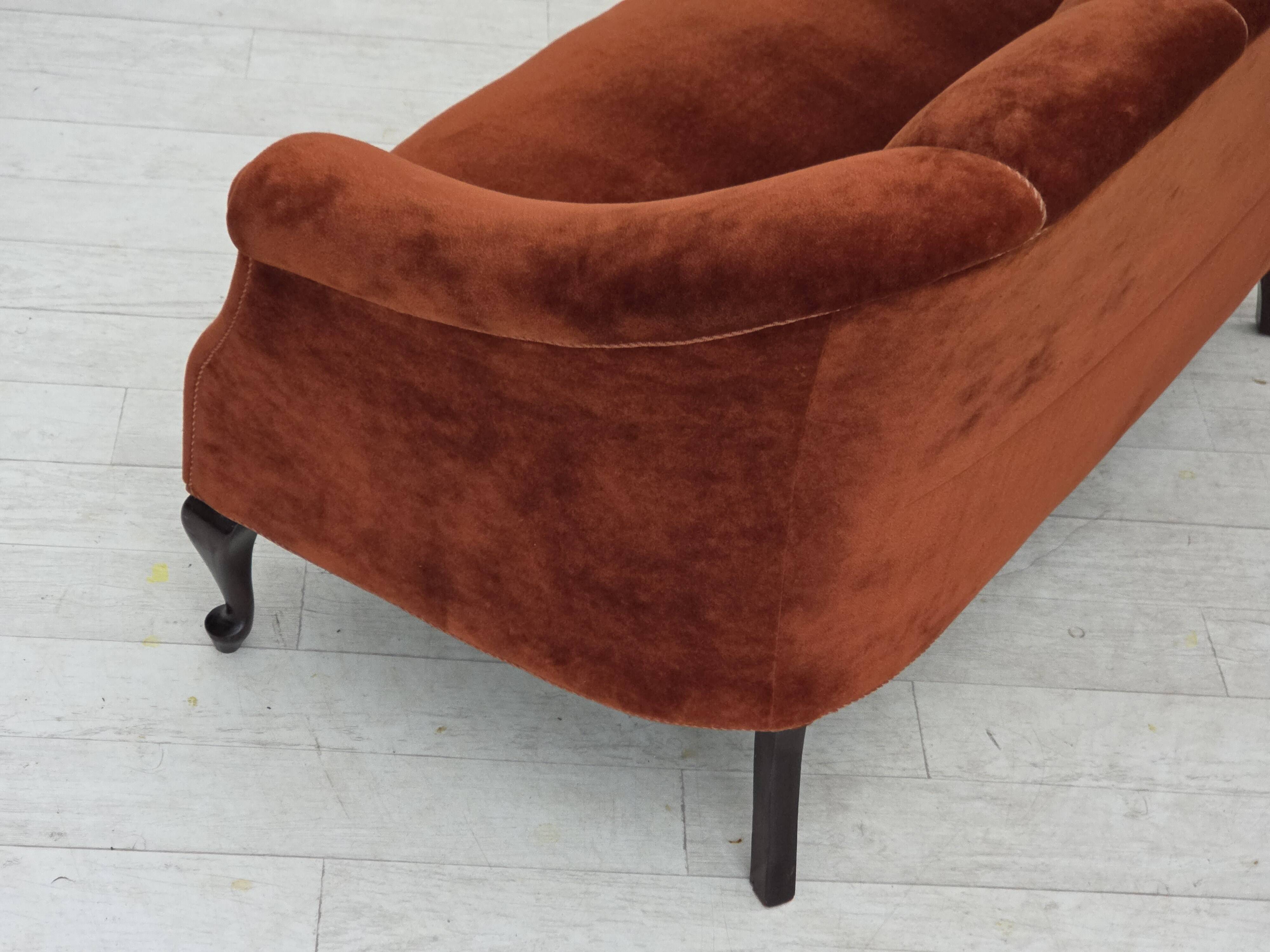 1950s, Danish 2-seater sofa, furniture velour, oak wood legs.