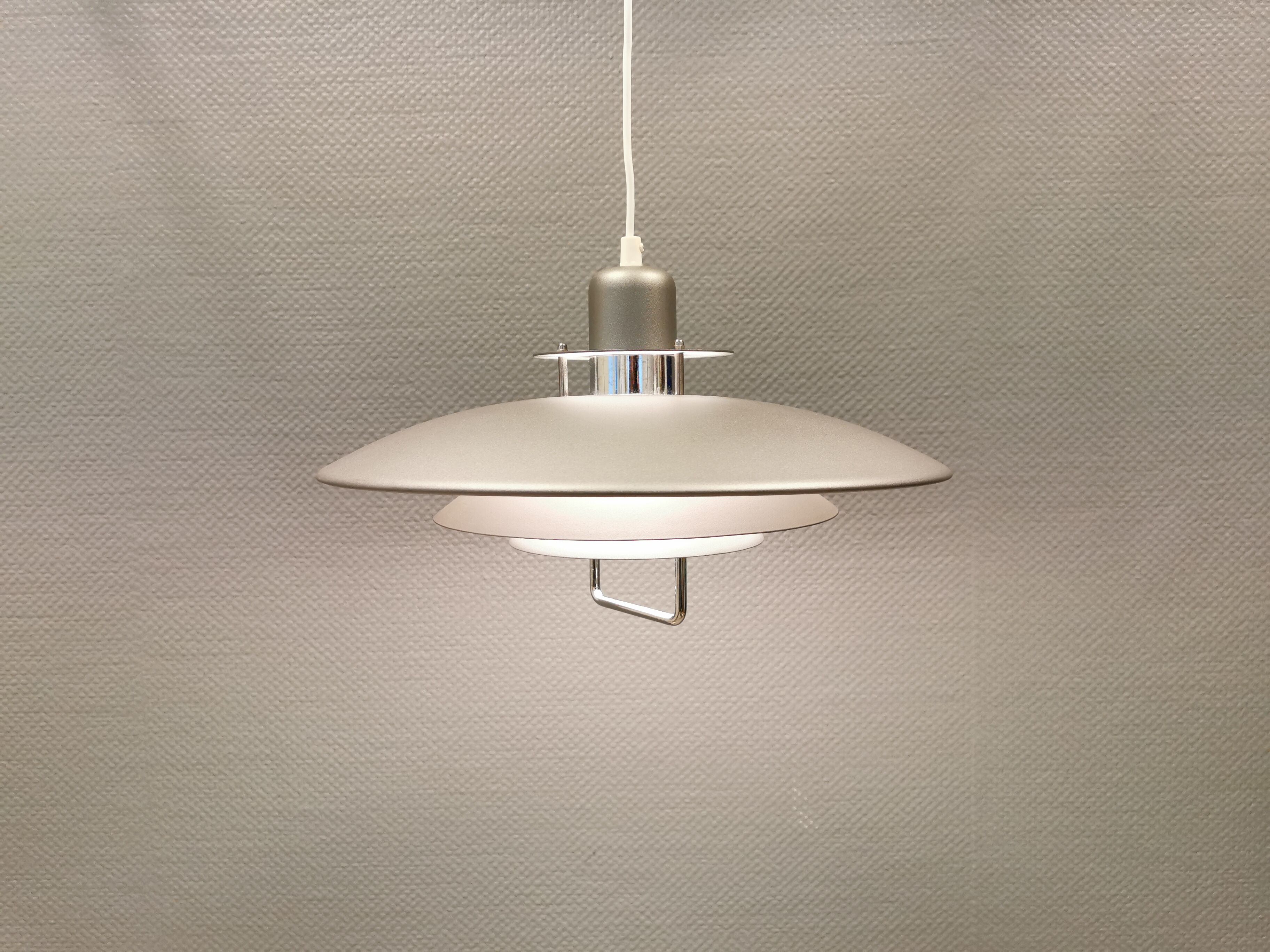 Swedish hanging lamp, produced by Belid in the original silver-grey colour.