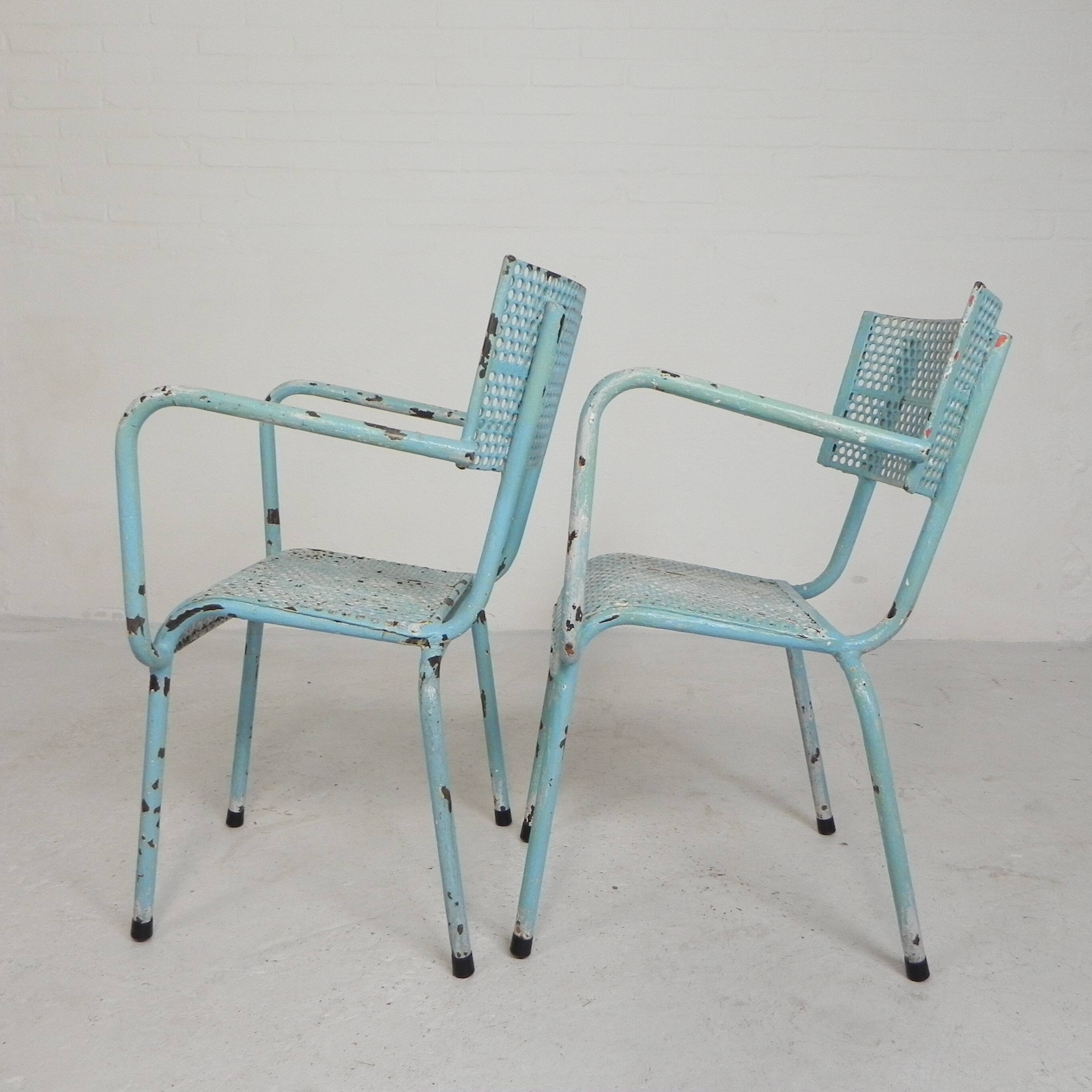 Lot de 2 chaises de jardin industrielles en acier avec accoudoirs, années 1950