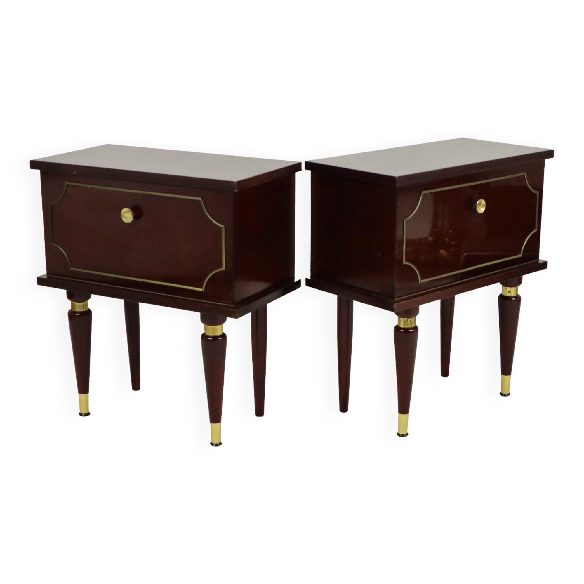 Koppel vintage nachtkastjes mahonie fineer messing regency stijl nachttafels 50cm