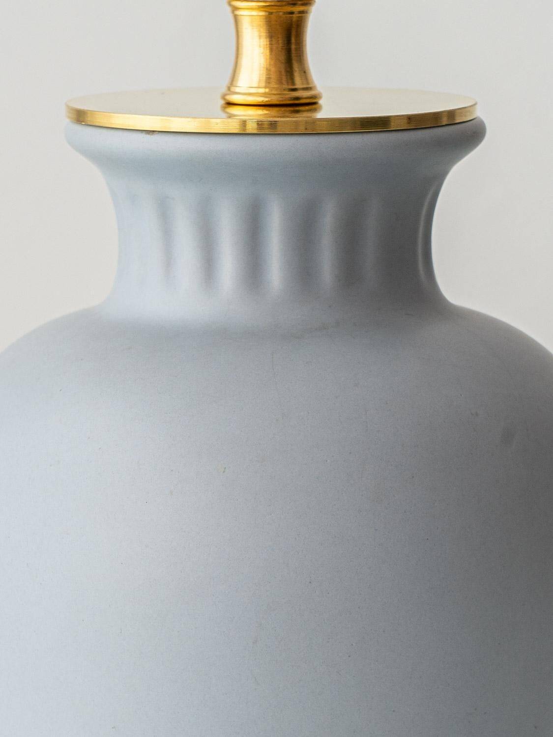 Neoclassical blue ceramic table lamp, pleated William Morris Acanthus shade.