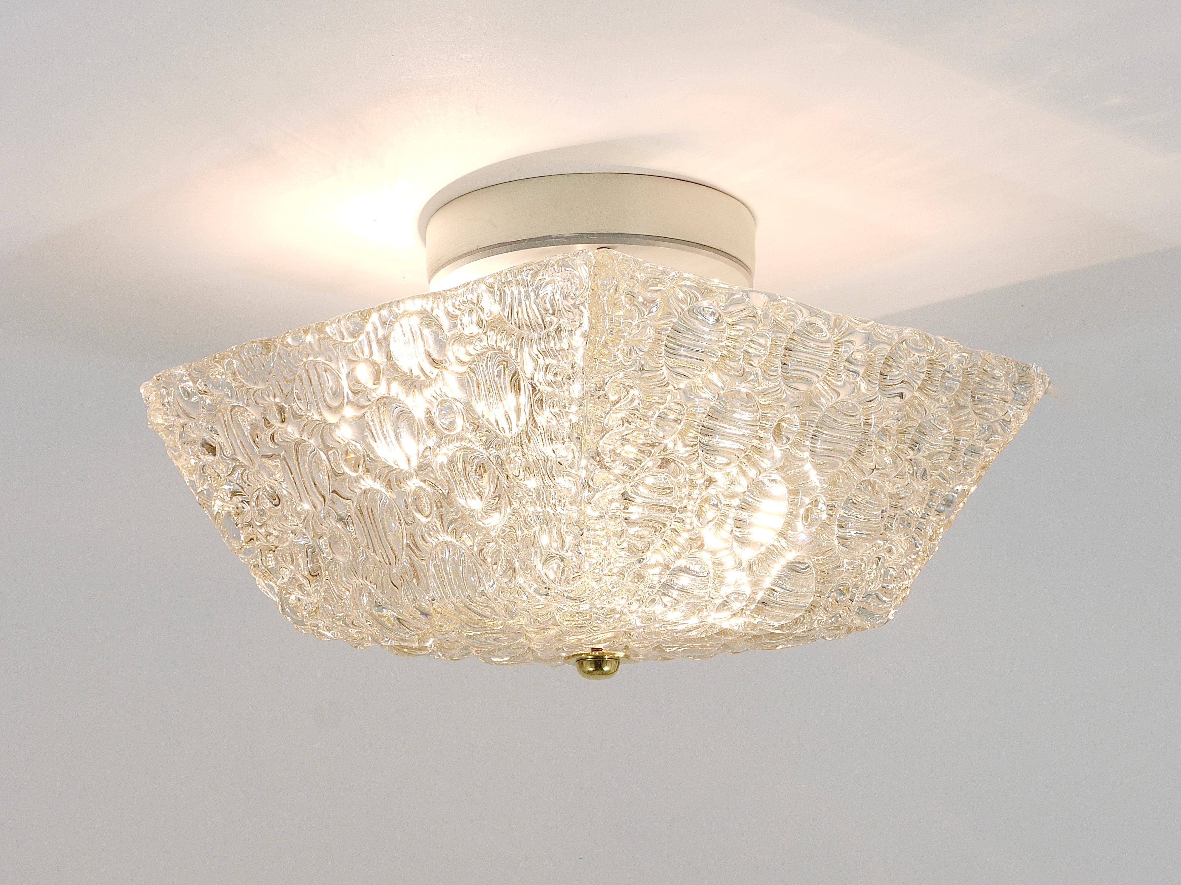 J.T. Kalmar Square Applique Ceiling Light in Brass and Textured Glass, 1950s